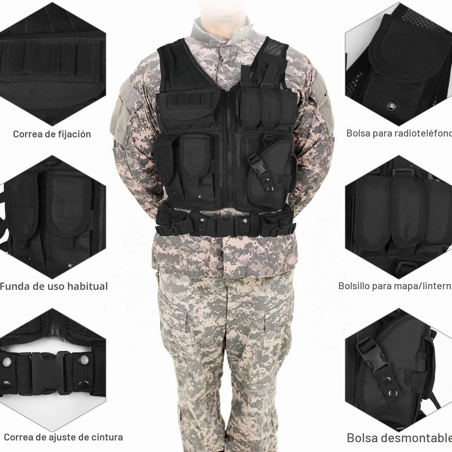 Lixada Chaleco táctico militar de poliéster para airsoft caza negro