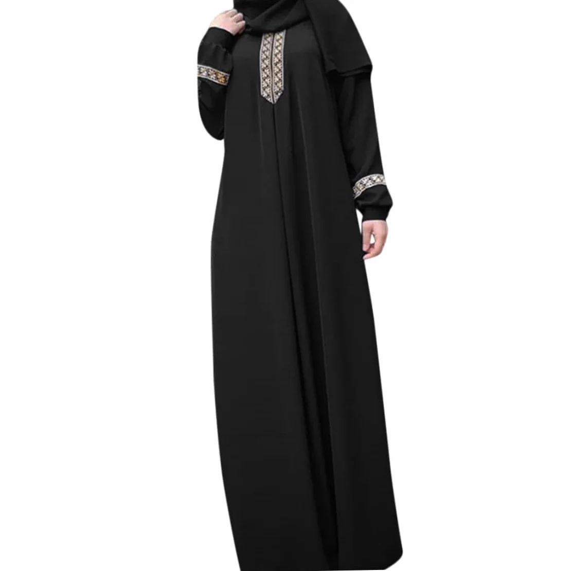Vestido Musulmán Mujer Túnica Oración Lisa Ropa Islámica Estampada Ramadán Jilbab Negro M