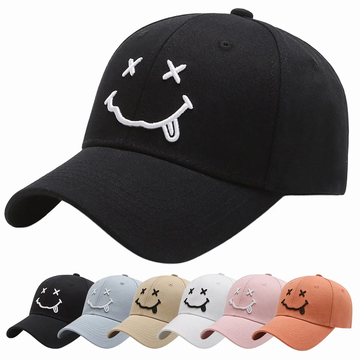 Gorra de béisbol para Hombre Unisex Algodón Ajustable de 6 Paneles 3D Carta Smiling Bordado
