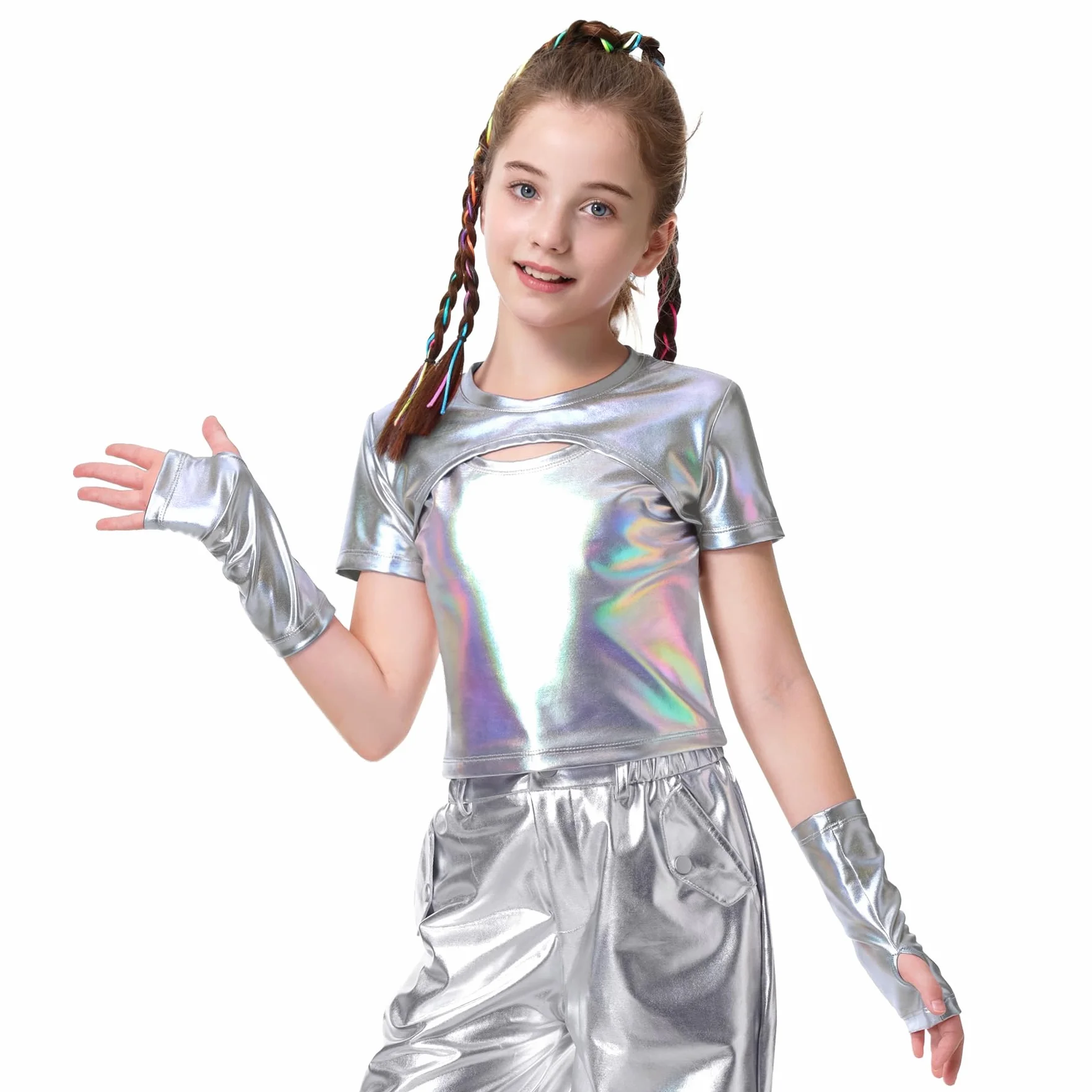 LOLANTA Top Metálico Camisa Danza Niña Jazz Moderno Hip-Hop Brillante para Baile