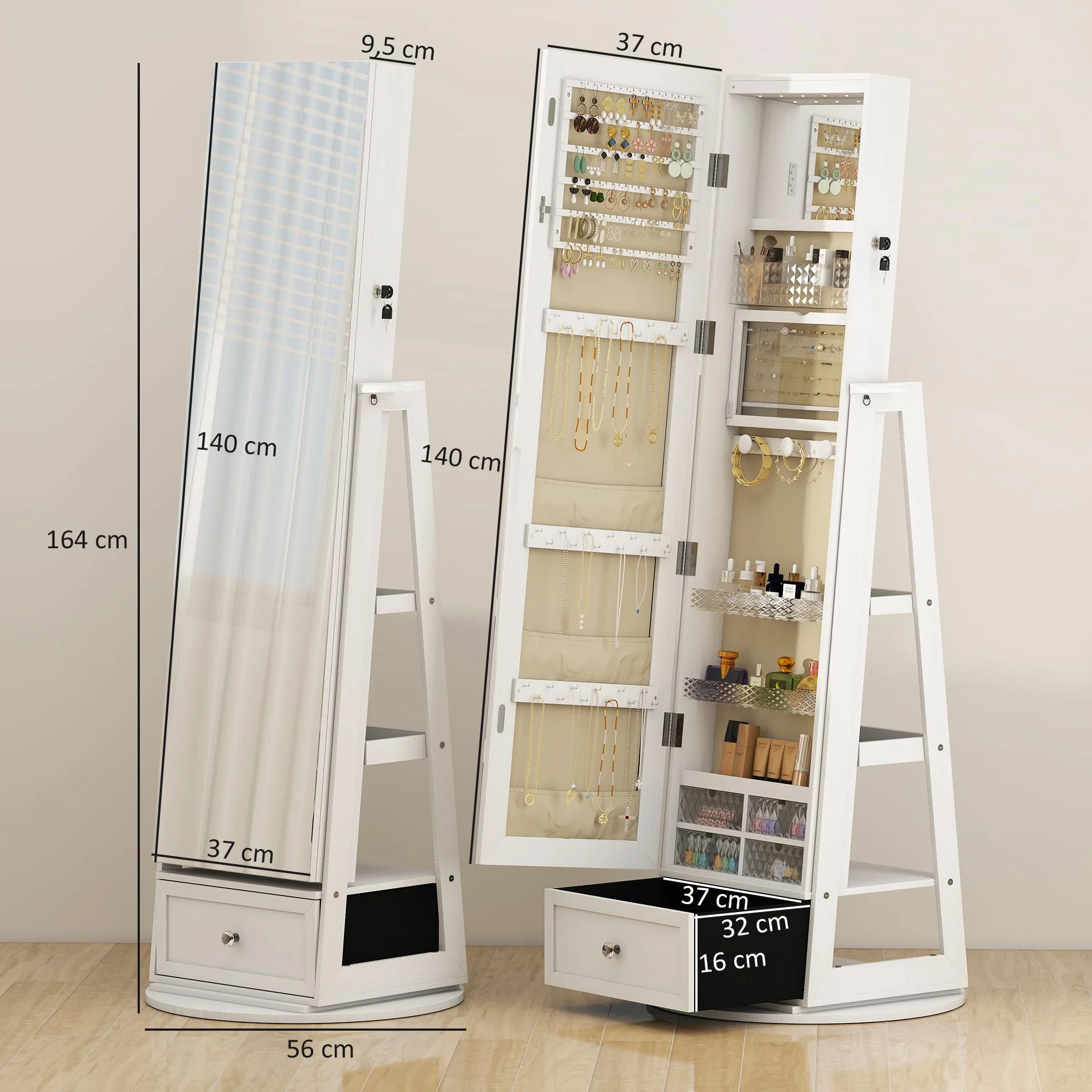 HOMCOM Armario Joyero de Pie con Luces LED, Espejo Cuero Entero, Soporte para Secador, Giratorio 360°, Cajón, Cerradura, Blanco y Beige