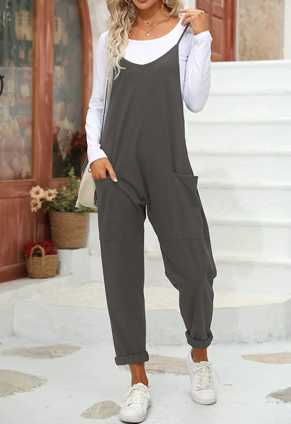 Ebifin Peto para mujer, pantalones de trabajo, mono suelto sin mangas con bolsillos grandes