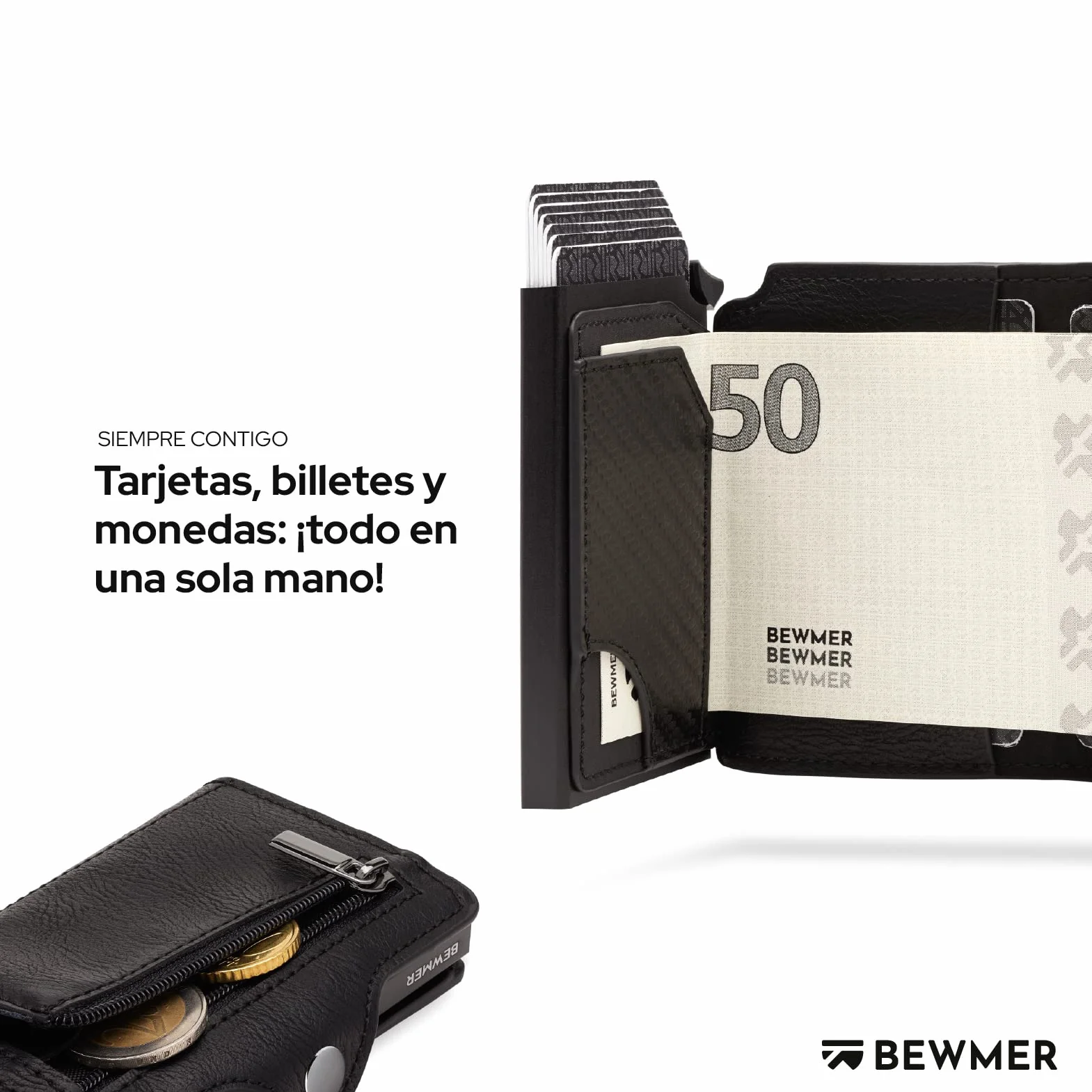 BEWMER Billetera Pequeña con Protección RFID y Clip de Fibra de Carbono