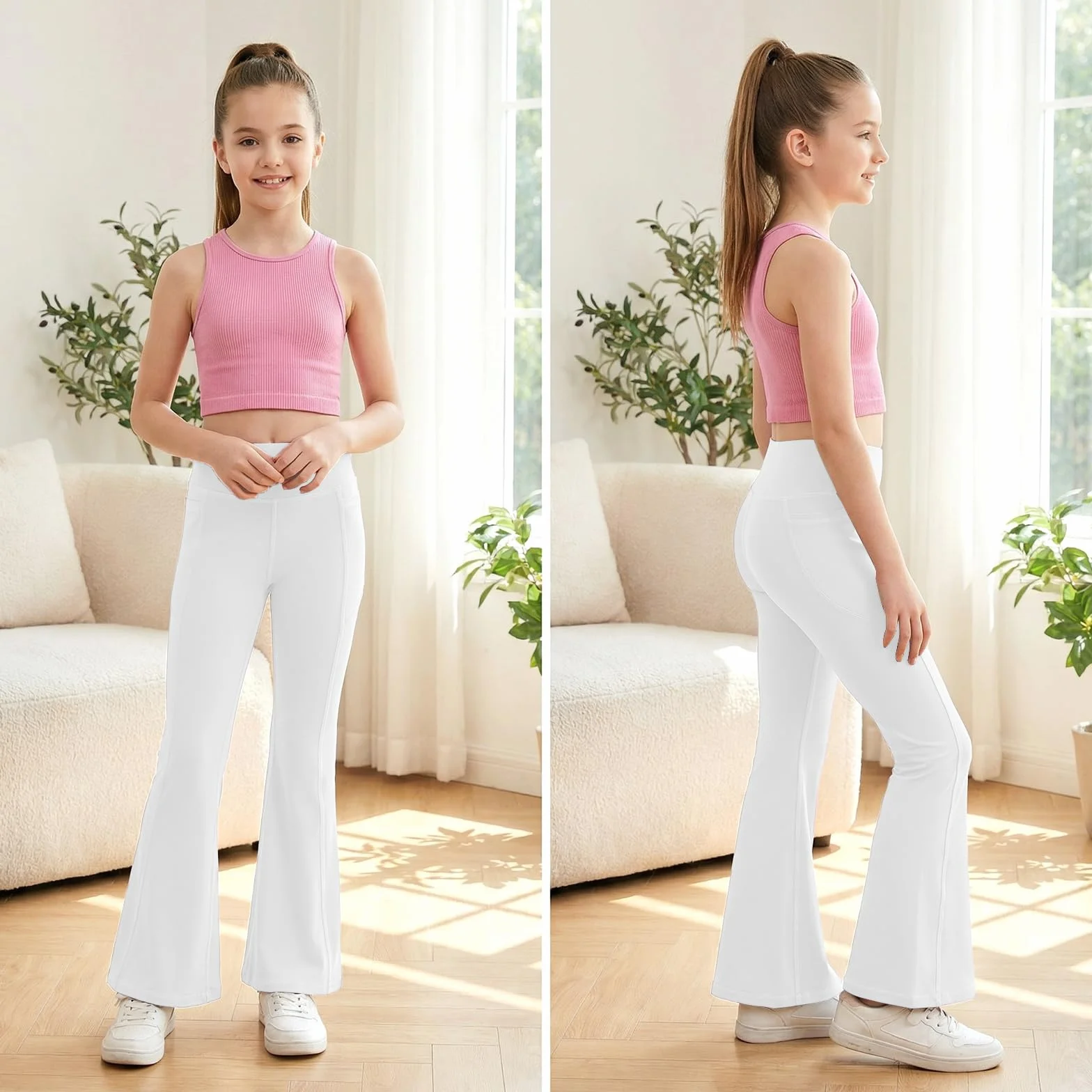 JinBei Leggings Niñas Pantalones Acampanados Cintura Alta Mallas Deportiva Elástica con Bolsillos, 7-15 Años