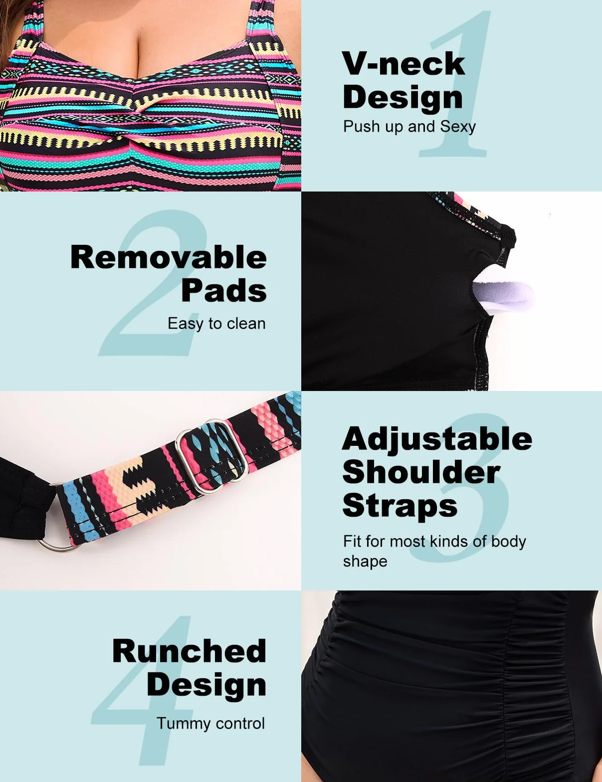 Nadeer Bañador Mujer Talla Grande Reductores Traje de Baño Una Pieza Push Up Sexy Cuello en V L-4XL