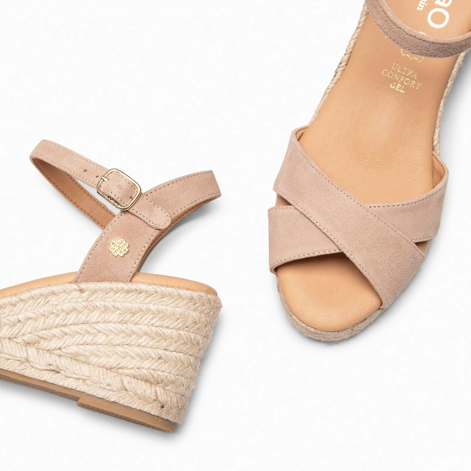 Sandalias con cuña de Esparto con Tiras Cruzadas de Piel y Plantilla de Gel Hecho en España