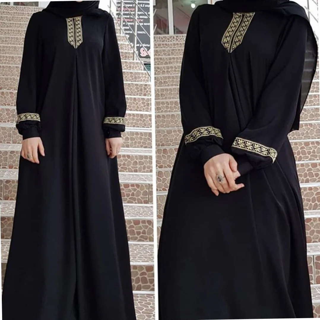 Vestido Musulmán Mujer Túnica Oración Lisa Ropa Islámica Estampada Ramadán Jilbab Negro M