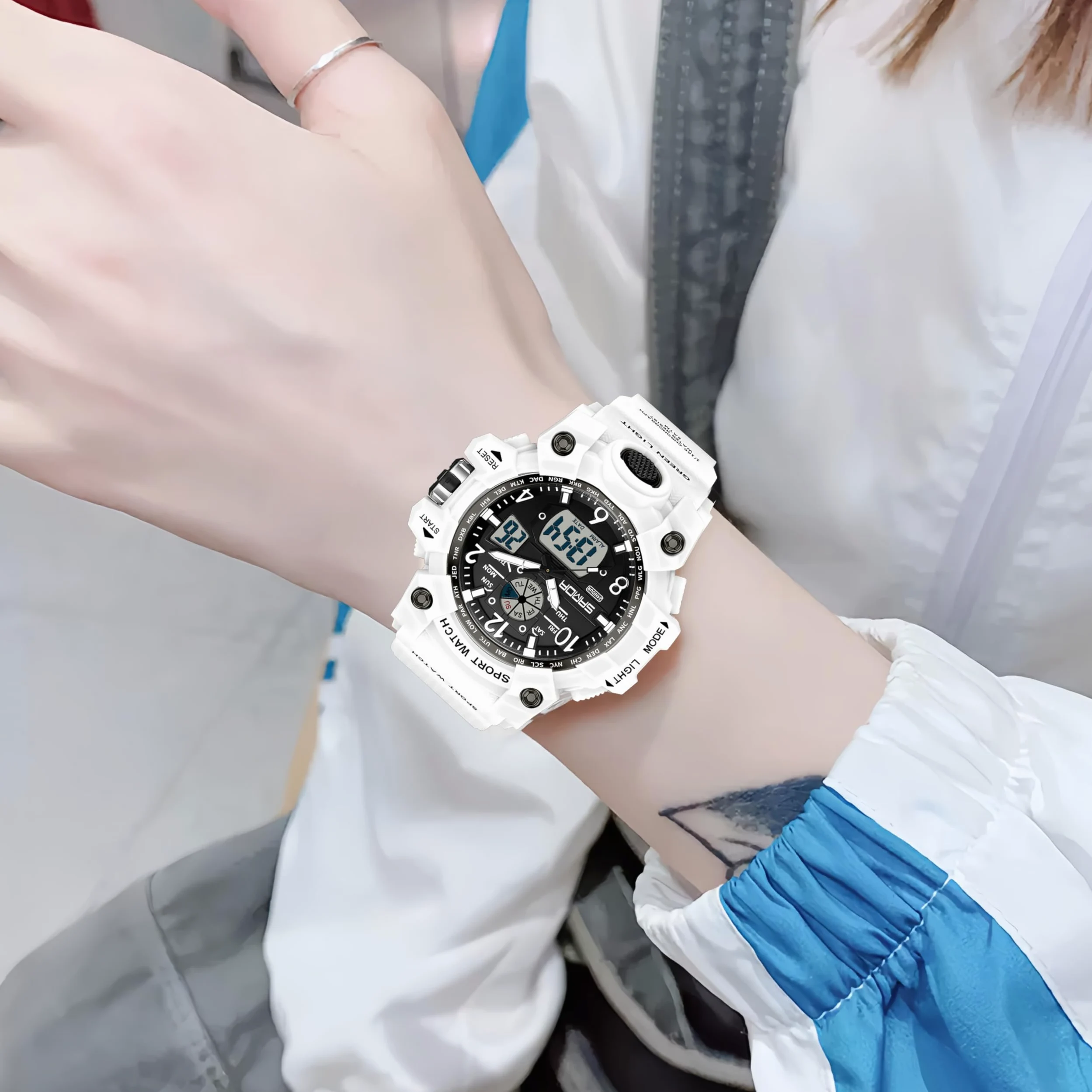 Gosasa Reloj deportivo digital para mujer, 5 ATM, resistente al agua, luz LED, esfera grande, analógico, multifuncional, reloj de pulsera con alarma, cronómetro, calendario, timbre por hora