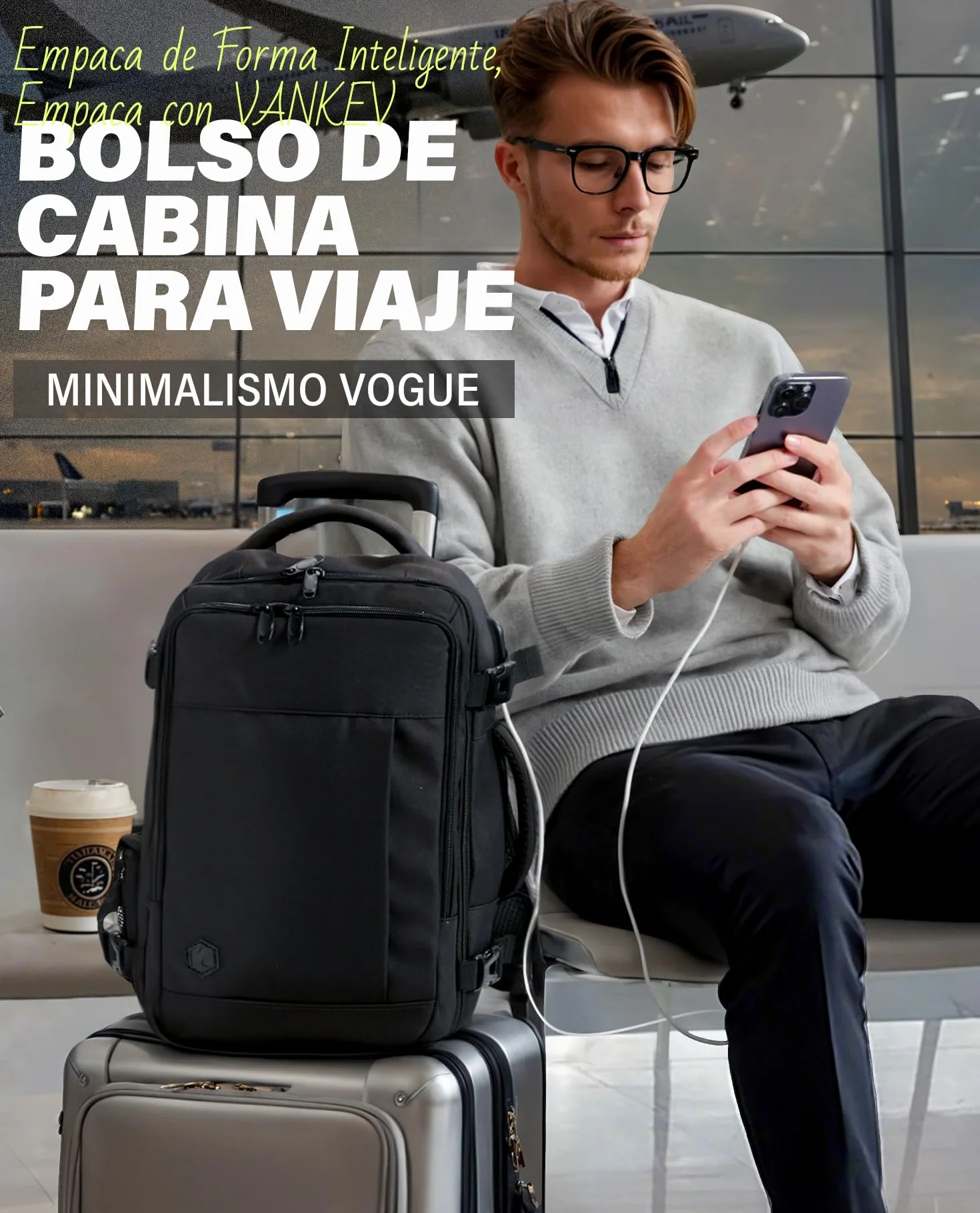 VANKEV Mochila Viaje Cabina Avion 40x30x20 24L Equipaje Mano Bolso Portatil 15.6 Pulgadas NEGRO