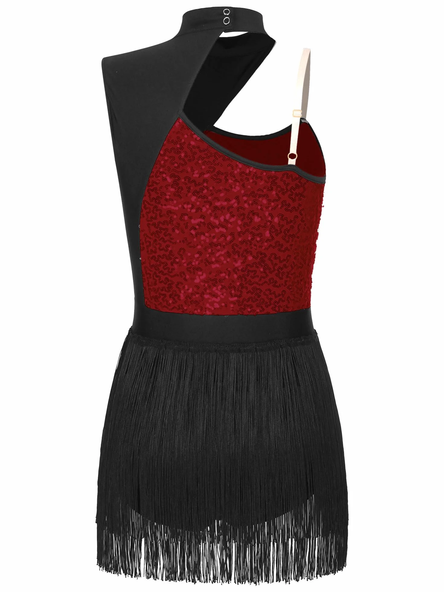 IEFIEL Vestido de Danza Lentejuelas con Flecos sin Manga para Mujer Maillot de Baile Latino Tango S-XXL