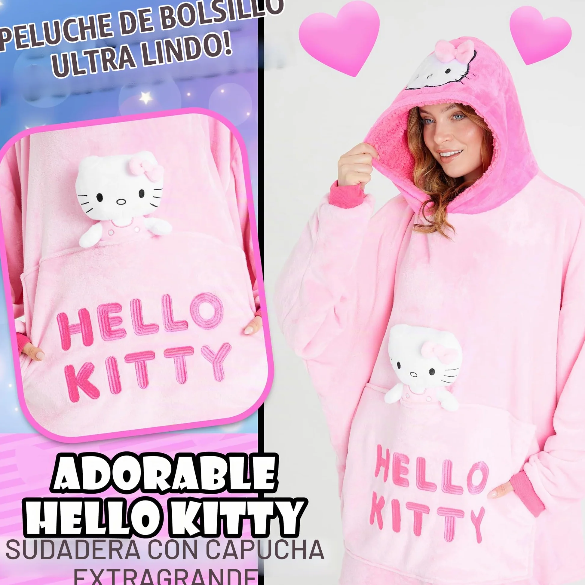 Hello Kitty Sanrio Sudaderas Mujer con Capucha, Kuromi Manta con Mangas y Peluche Adjunto, Regalos de Anime para Ella