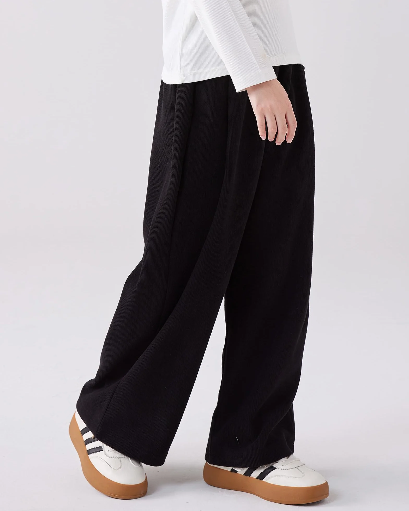 KAKU NANU Pantalones para niñas, cintura elástica, pierna ancha, 2 bolsillos, negro, marrón, beige, rosa, 5-13 años