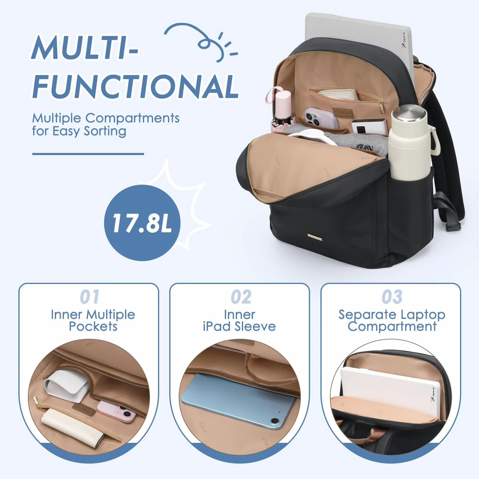 Mochila Portátil 15.6 Pulgadas para Mujer, Mochila Elegante y Casual Multifuncional, Impermeable para Trabajo, Universidad, Viajes y Uso Diario,Nergo