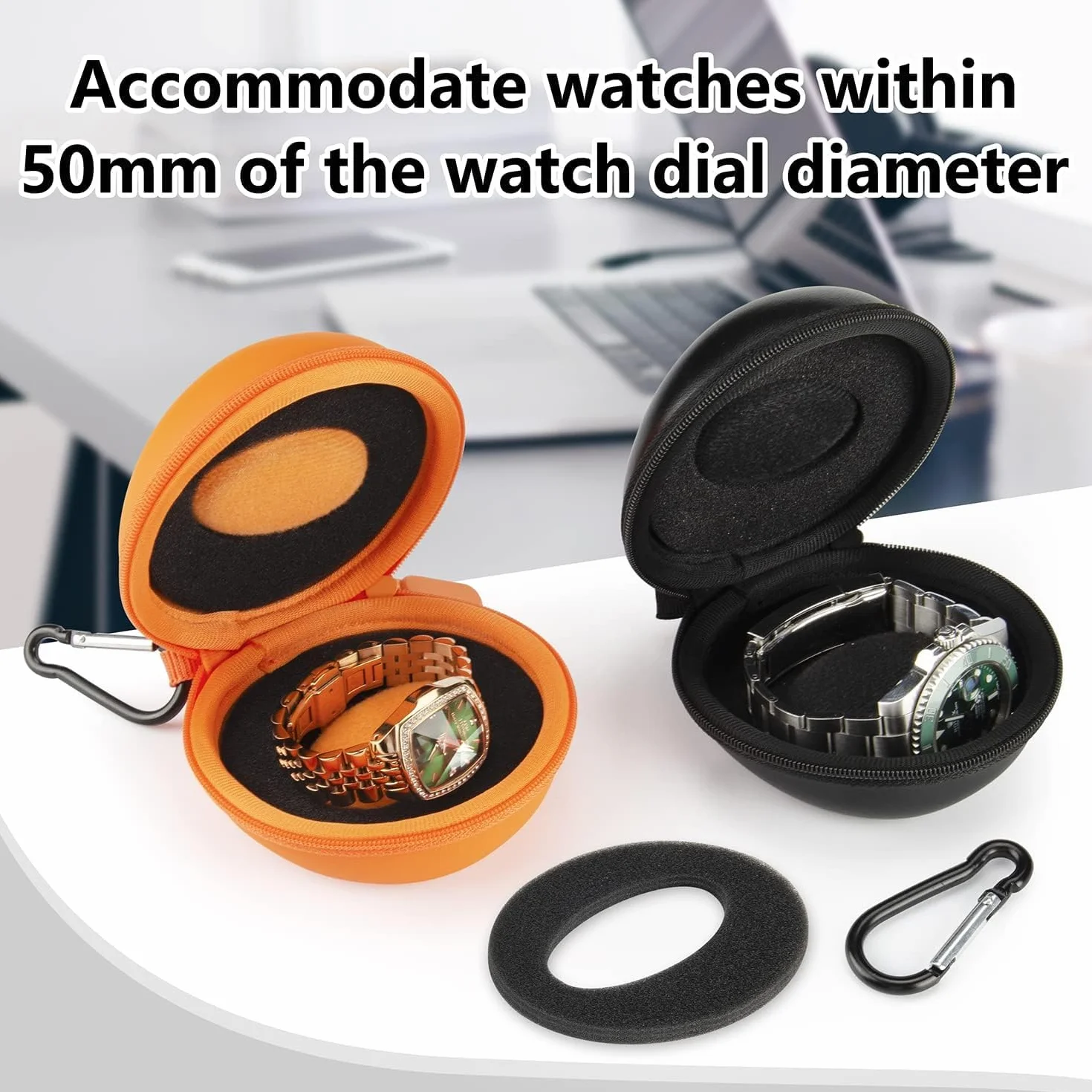 Estuche de Viaje para Relojes 50 mm Cremallera Mosquetón - Negro 2 Piezas