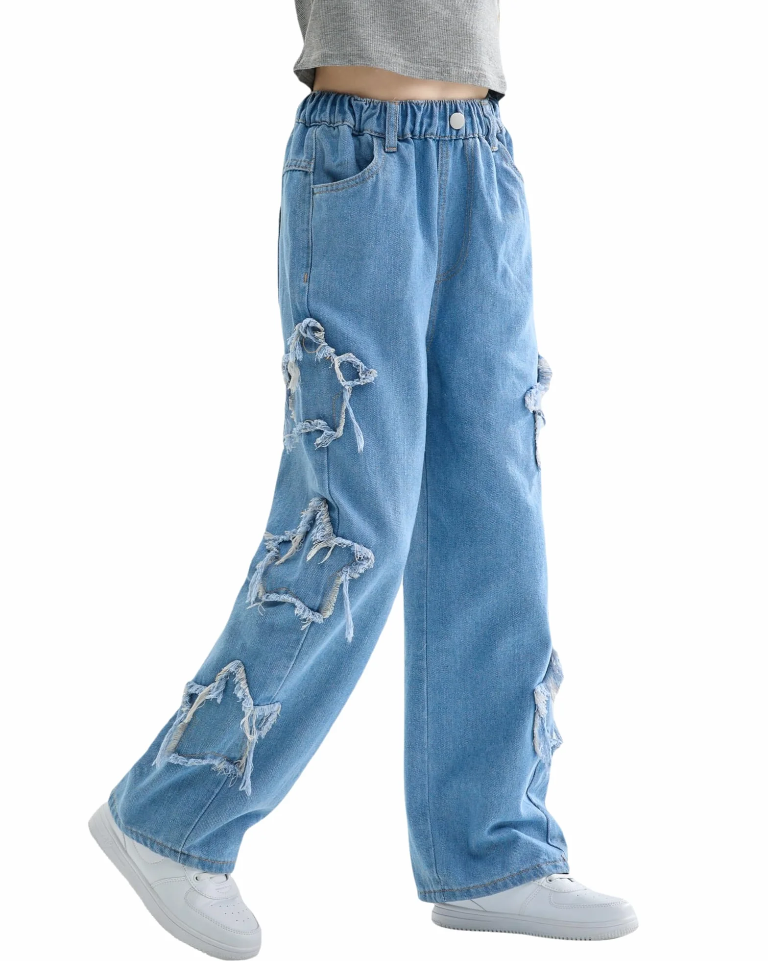 Vaqueros Niñas Loose Denim Pantalones Cintura Elástica Moda Rotos Azul