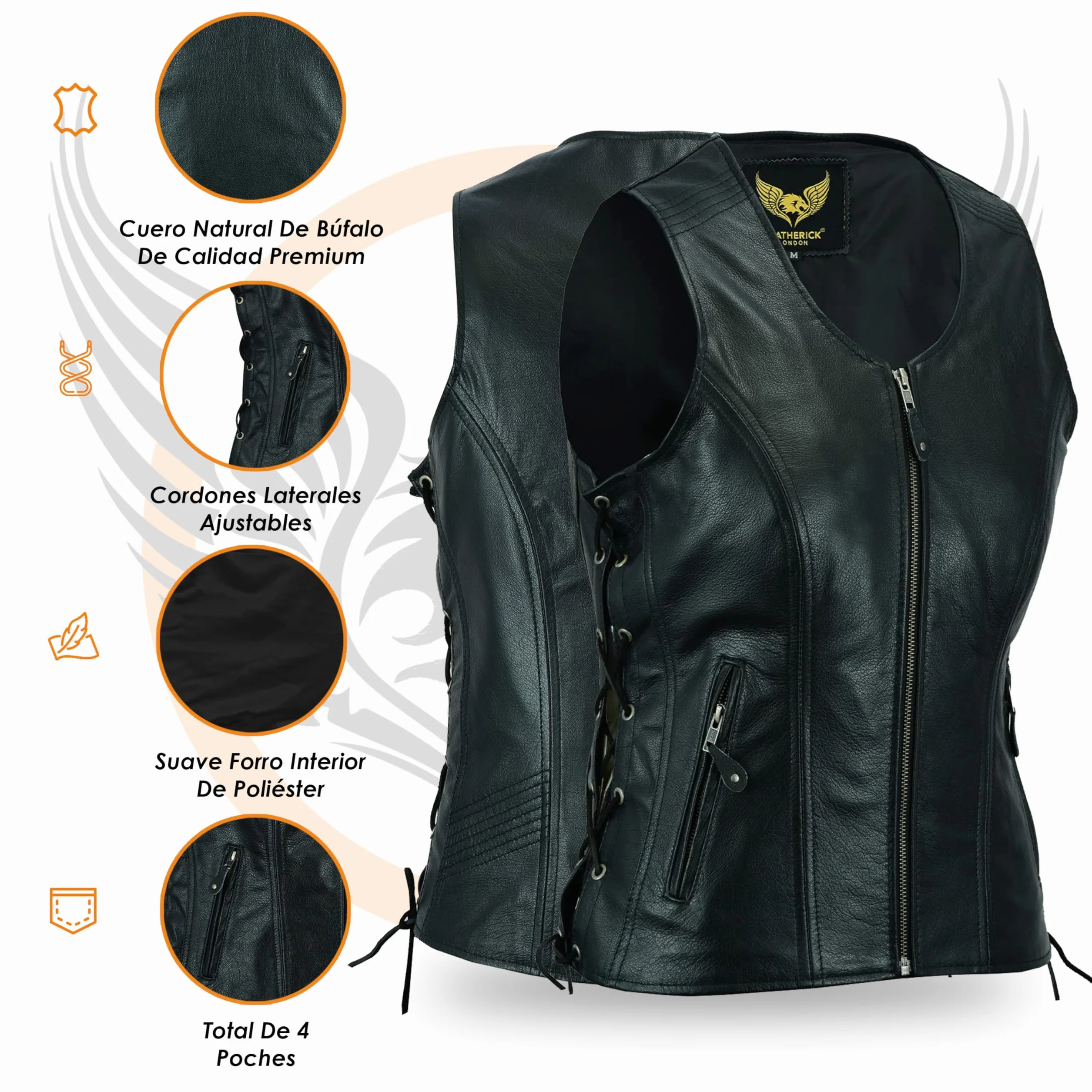 Leatherick Chaleco de cuero para mujer Chaqueta sin mangas de cuero de búfalo de grano superior genuino negro/Chaleco