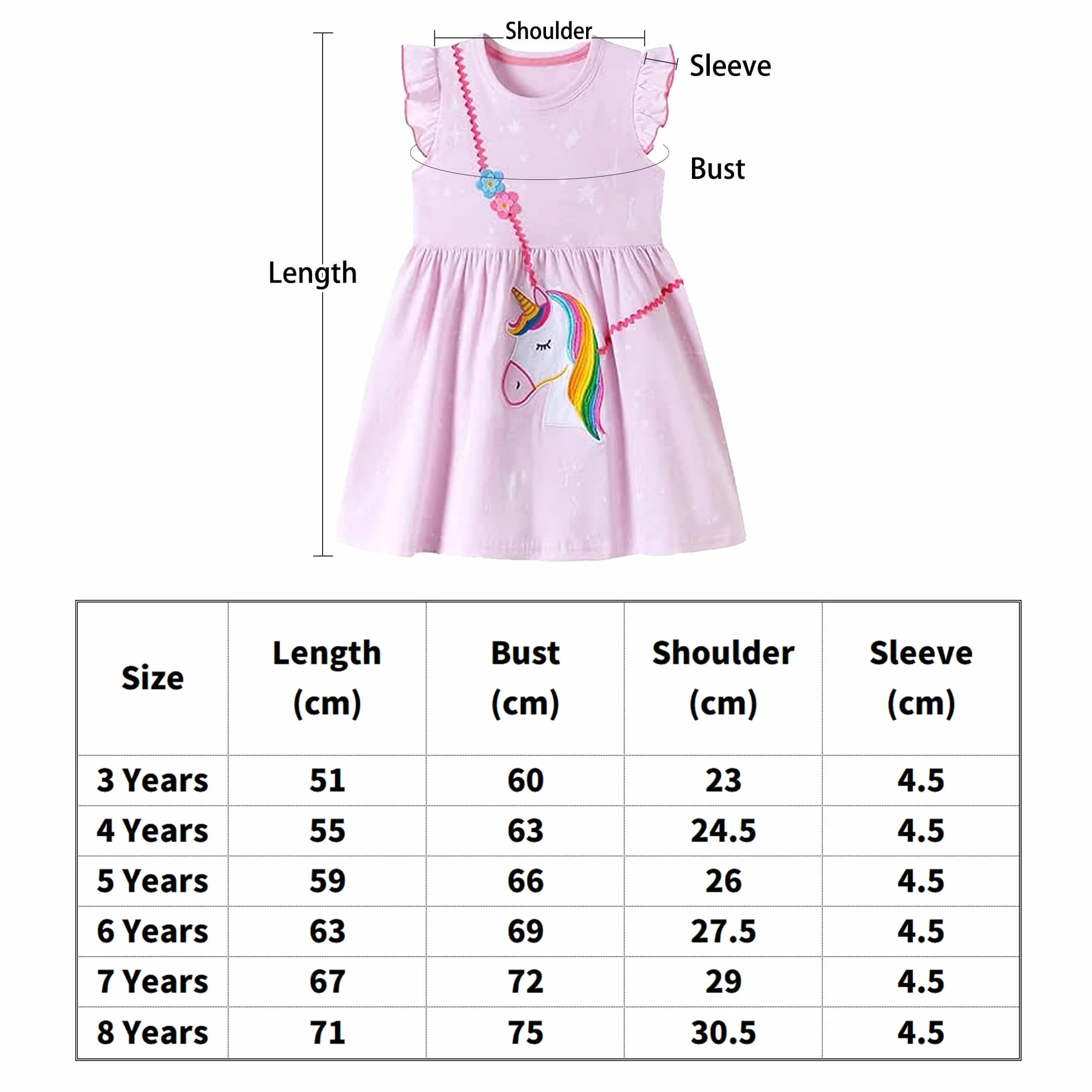 Vestido Niña Unicornio Manga Algodón Flores Verano Casual 2-8 Años