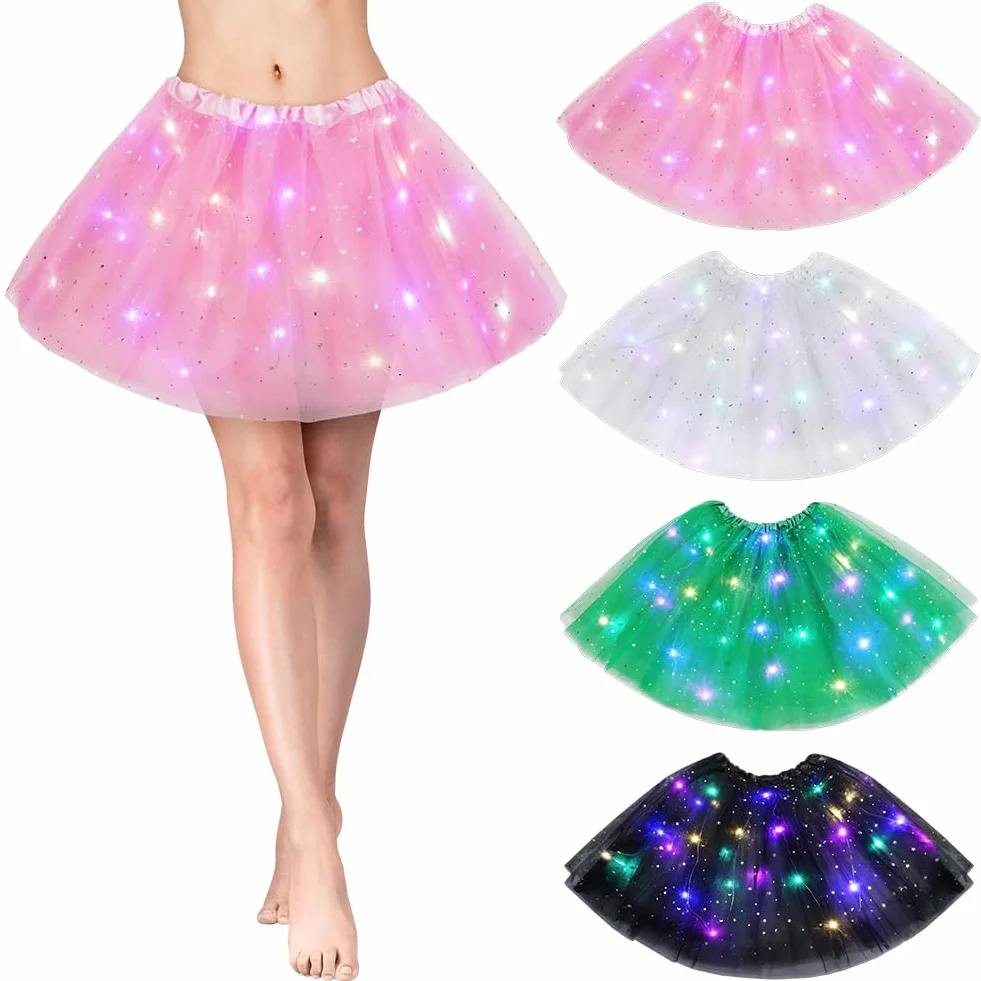 Falda Tutú LED para Mujer con Luz, Tul Adultos, Disfraz Halloween Carnaval, Rosa