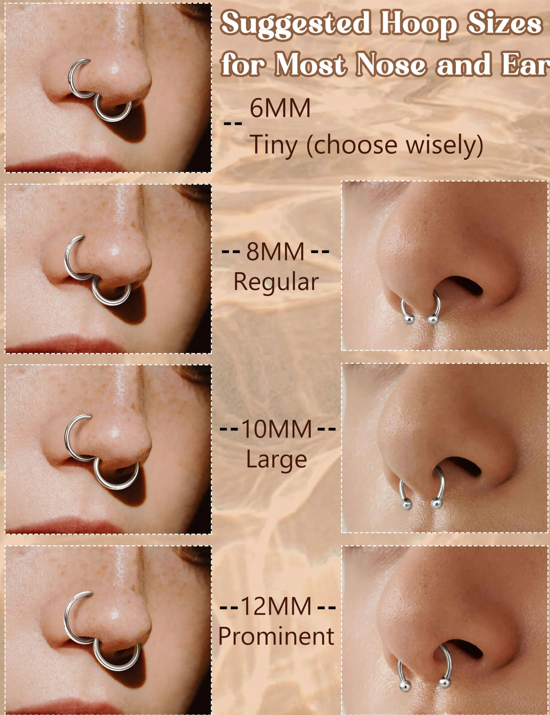 JeweBella 16 Piezas Aro Piercing Nariz Acero Quirúrgico Cartílago Segmento Clicker Anillos 6-12 mm