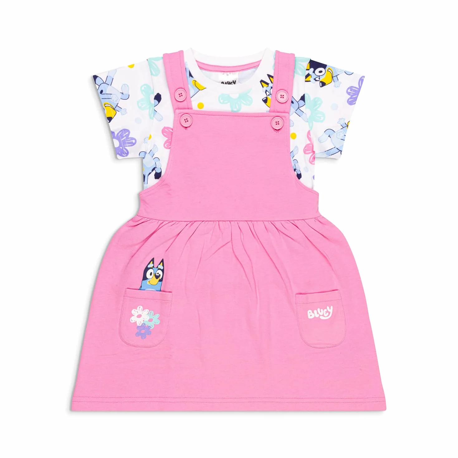 Bluey Conjunto de vestido y camiseta para niñas Rosa con bolsillos Algodón suave