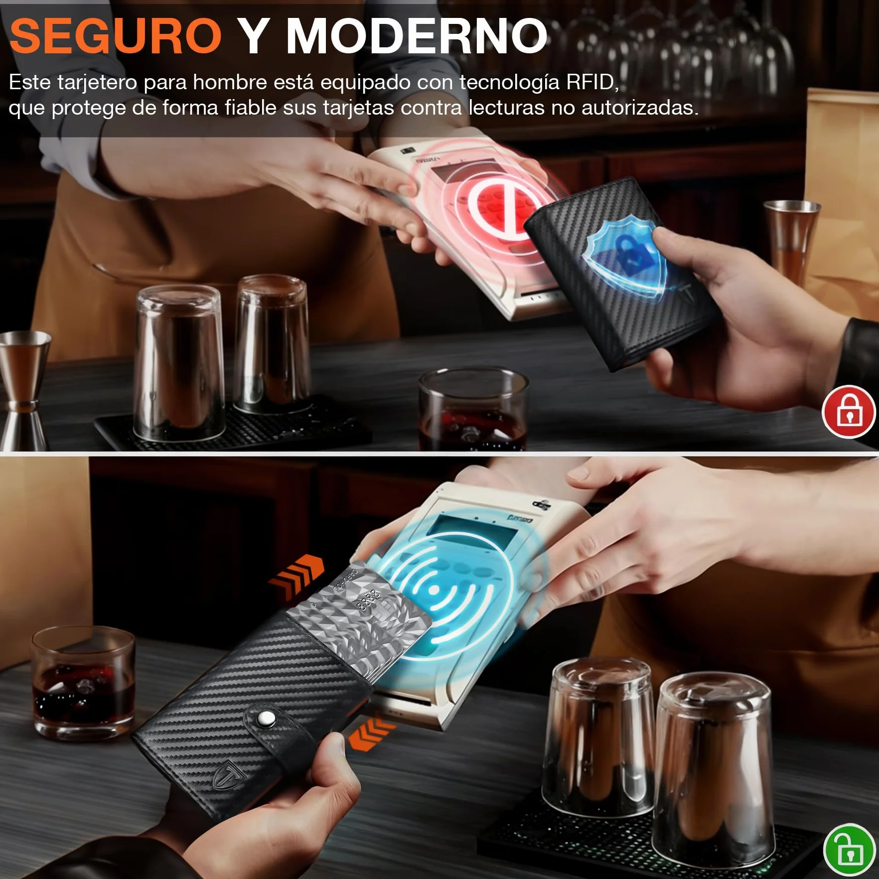 TENBST Cartera Hombre Fibra de Carbono RFID Bloqueo Negro-Naranja