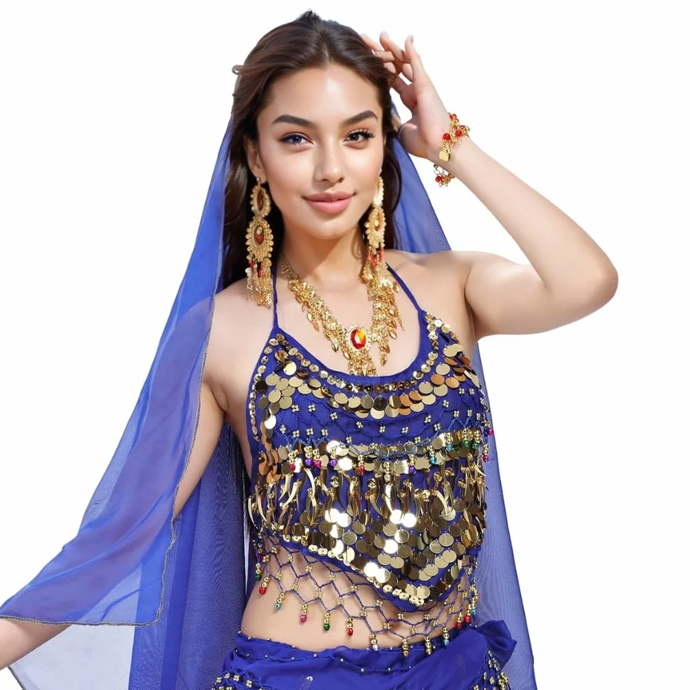 MUNAFIE Camiseta de danza del vientre con lentejuelas sin mangas