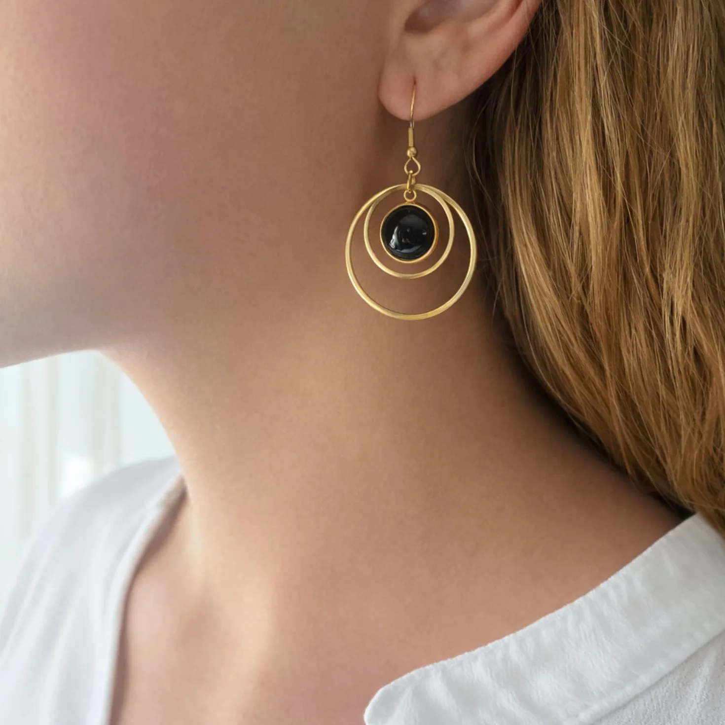 ASTER ALHELÍ Pendientes Aro Mujer Chapados en Oro con Piedra Natural Doble Aro Colgante