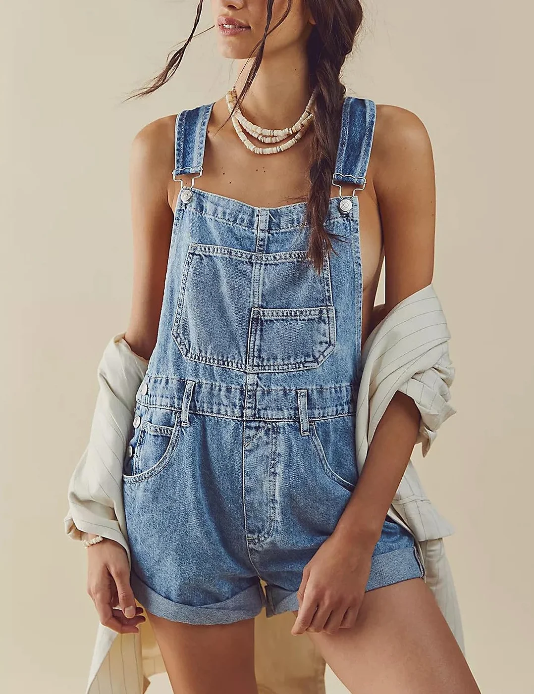Pantalones cortos de mezclilla para mujer con peto, sueltos y ajustables