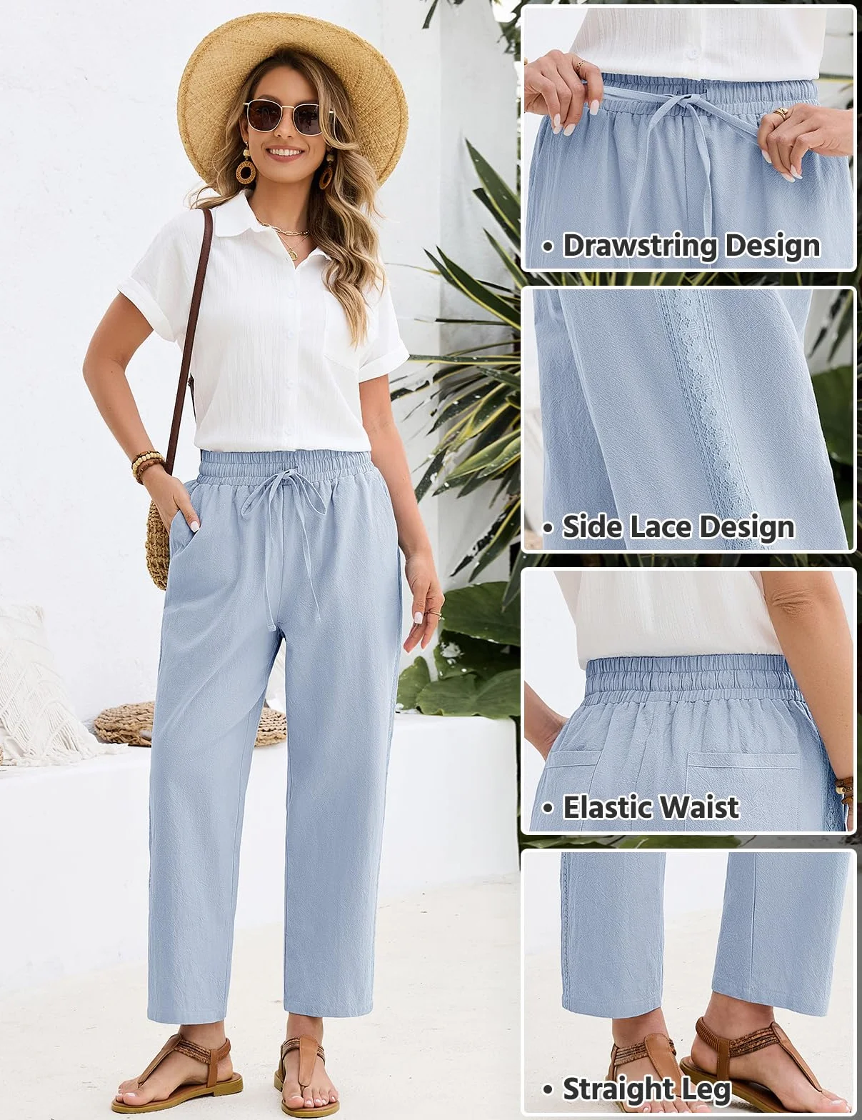Pantalones Mujer Verano 7/8 Algodón Cintura Alta Casual con Bolsillos