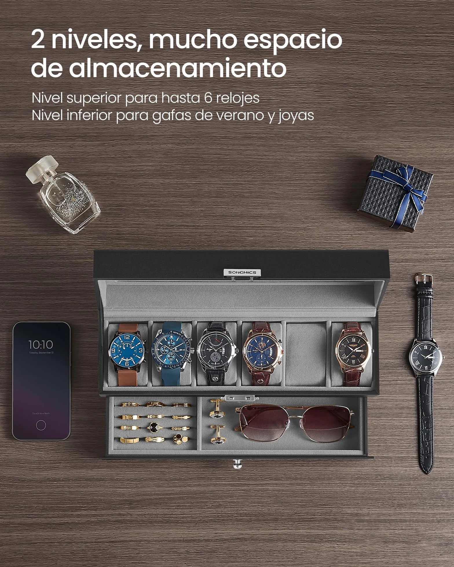 SONGMICS Caja de Reloj 2 Niveles para 6 Relojes, Estuche con Tapa de Cristal y Cerradura, PU Negro