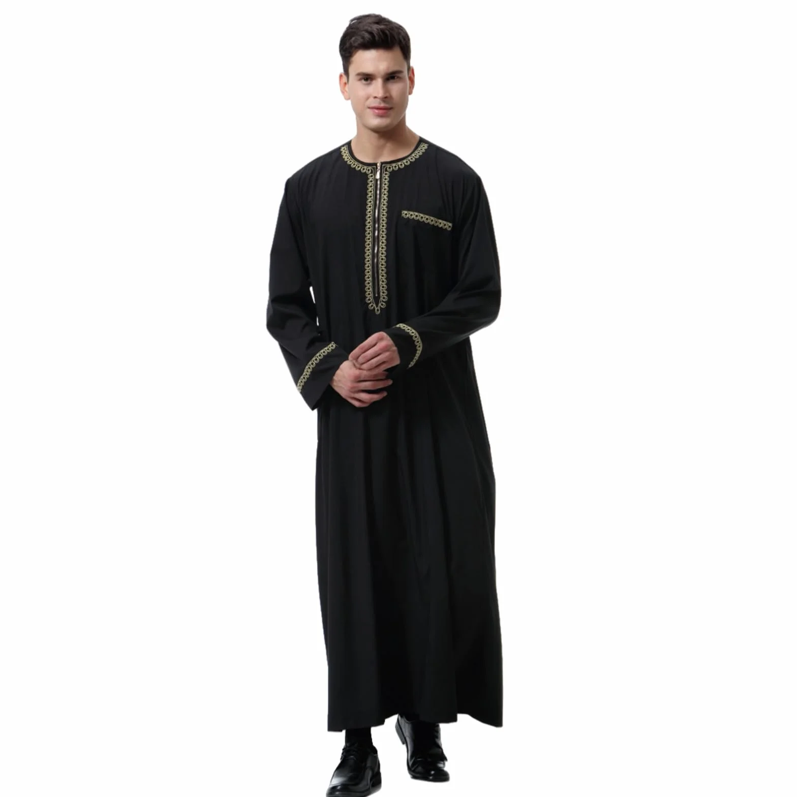 Túnica Árabe Bordada Hombre Jubba Thobe Ropa Musulmana Dubai Kaftan Blanco Negro M-3XL