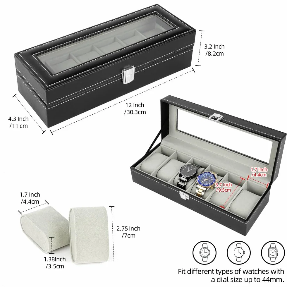 OFFCUP Caja de Relojes con 6 Compartimentos, Piel, Tapa de Cristal y Cojín Extraíble, Regalo para Hombres y Mujeres (Negra)