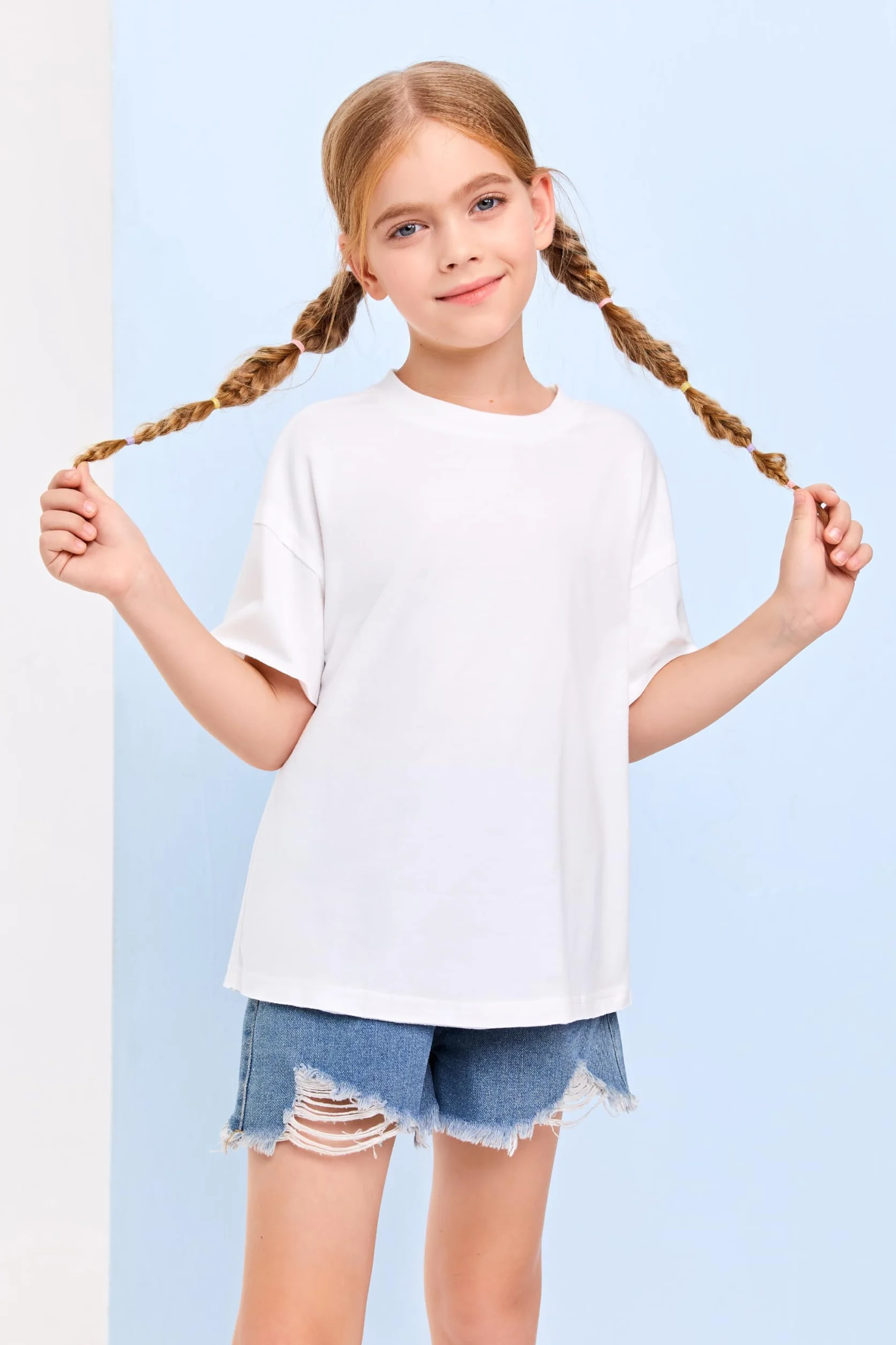 Haloumoning Camiseta de manga corta para niñas de algodón holgada cuello redondo