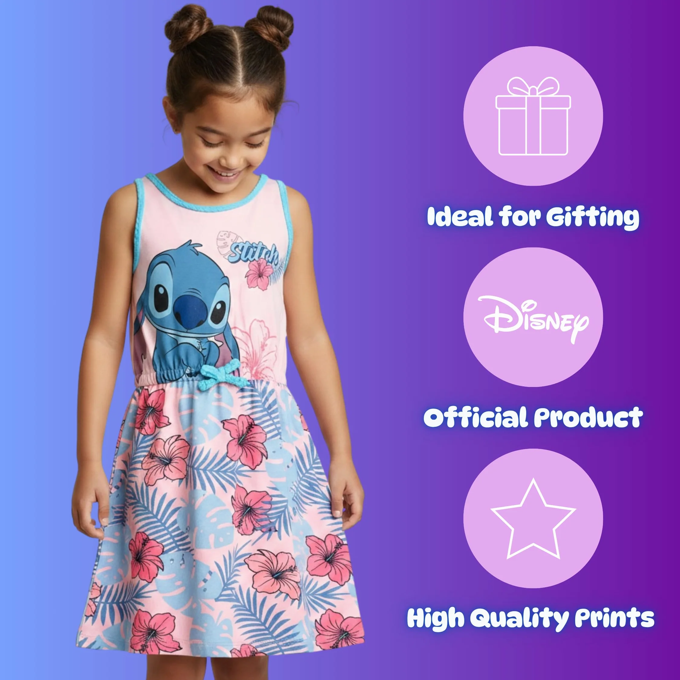 Disney Stitch Vestido para Niña Algodon Suave Tropical Manga Corta Tallas 3-8 Años