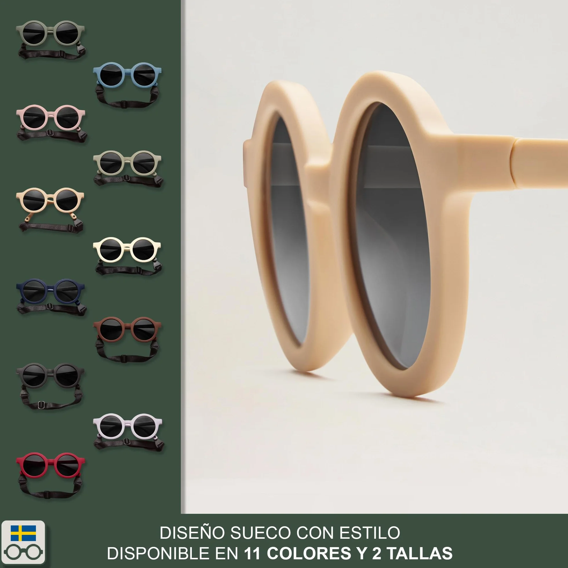 BABYMOCS Gafas de sol redondas para niños protección UV 100% flexibles sin BPA correa diseño sueco
