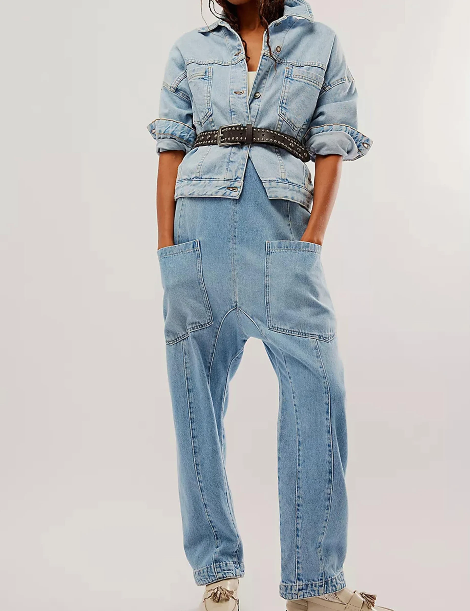 Peto Vaquero Para Mujer - Informal Escote En V Corte Holgado Tirantes Ajustables Pantalones Vaqueros Con Bolsillos Mono Cargo Con Piernas Rectas Tirantes Rompers