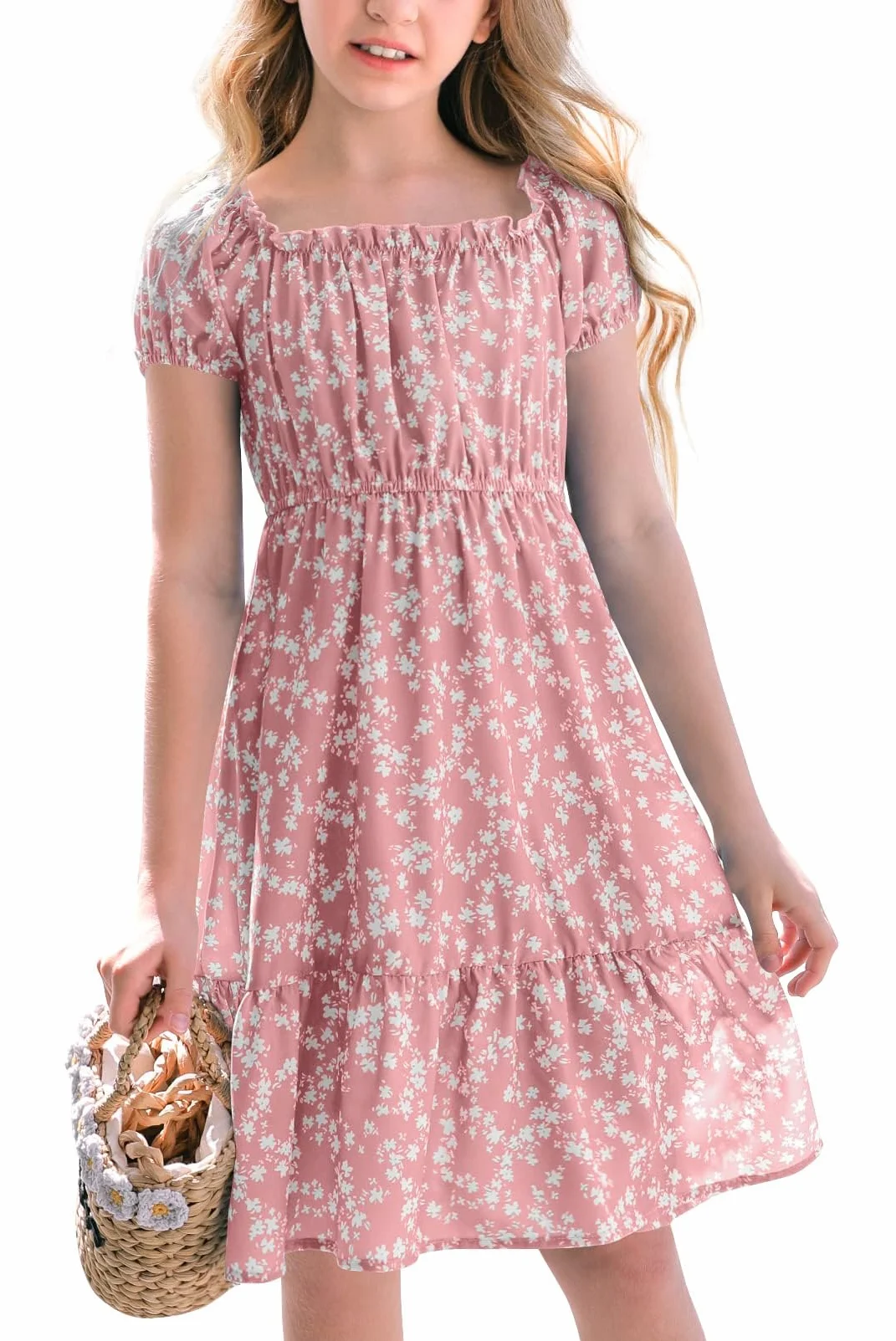 Haloumoning Vestido floral para niña con cuello cuadrado y mangas abullonadas, línea A para fiesta