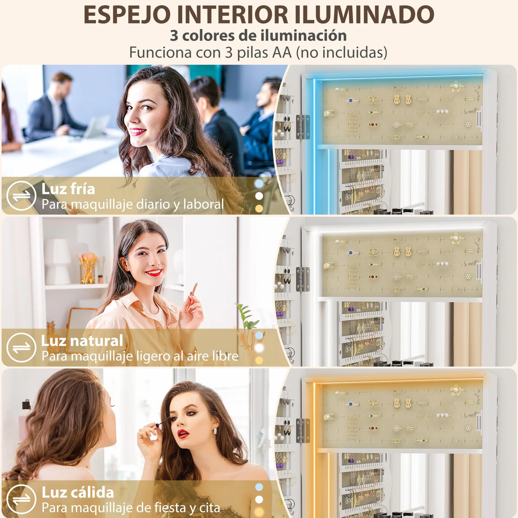 HOMCOM Espejo Joyero con Luz LED 3 Colores, Armario para Joyas Montado en Pared, Espejo Entero, Blanco