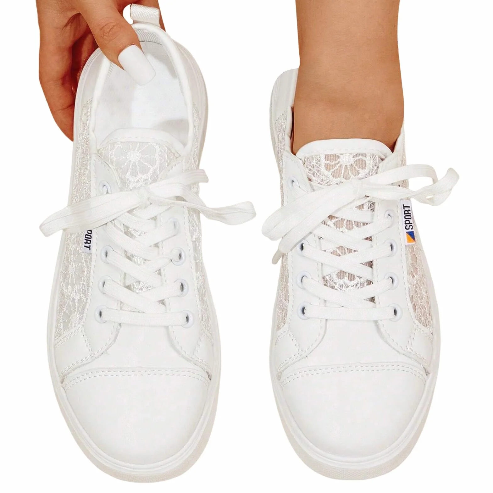 Zapatillas de mujer con flores de encaje zapatos casuales transpirables elegantes con cordones deportivas ligeras planas