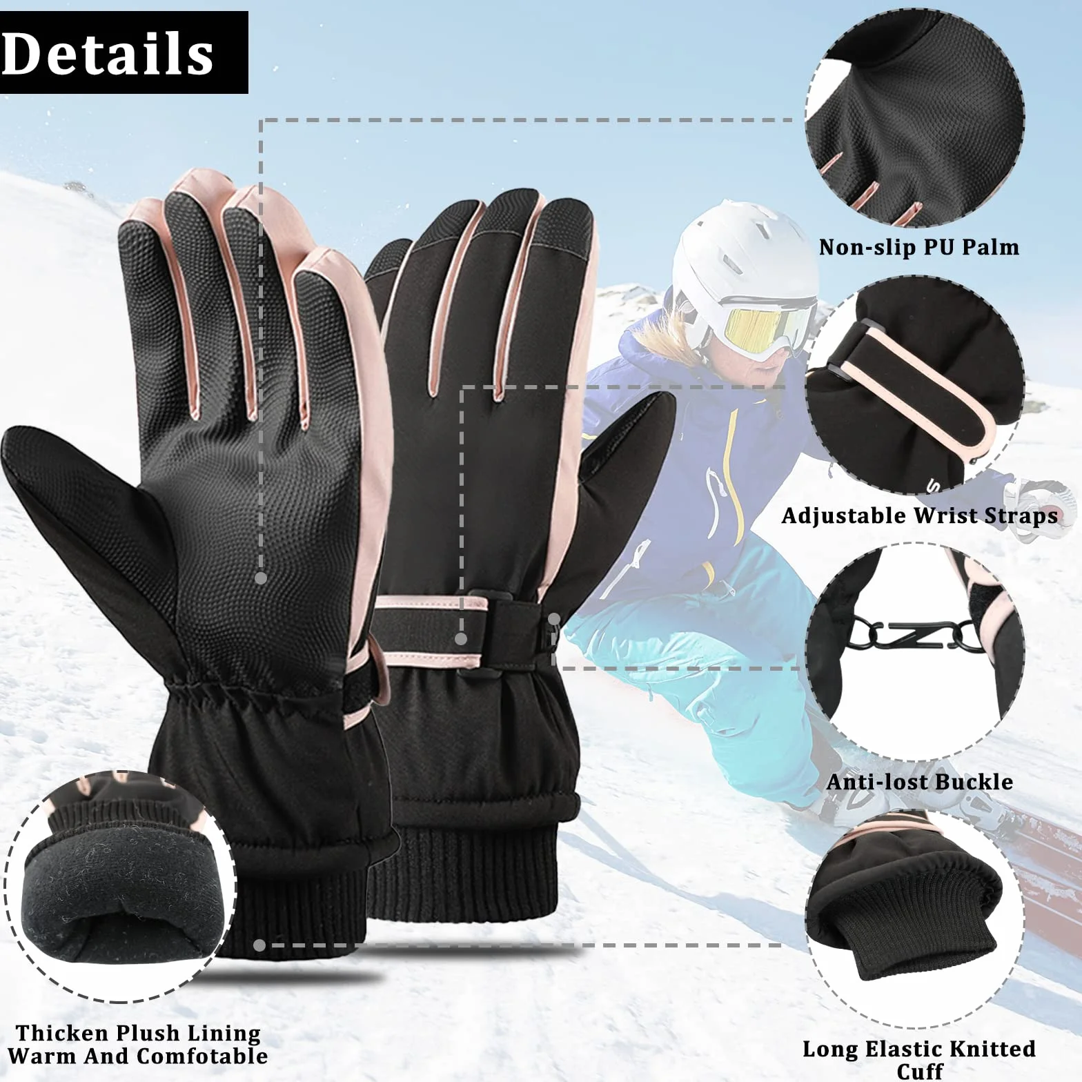 Andiker Guantes Impermeables Esquí Mujeres Pantalla Táctil Invierno Vellón Snowboard Prueba Viento Bicicleta
