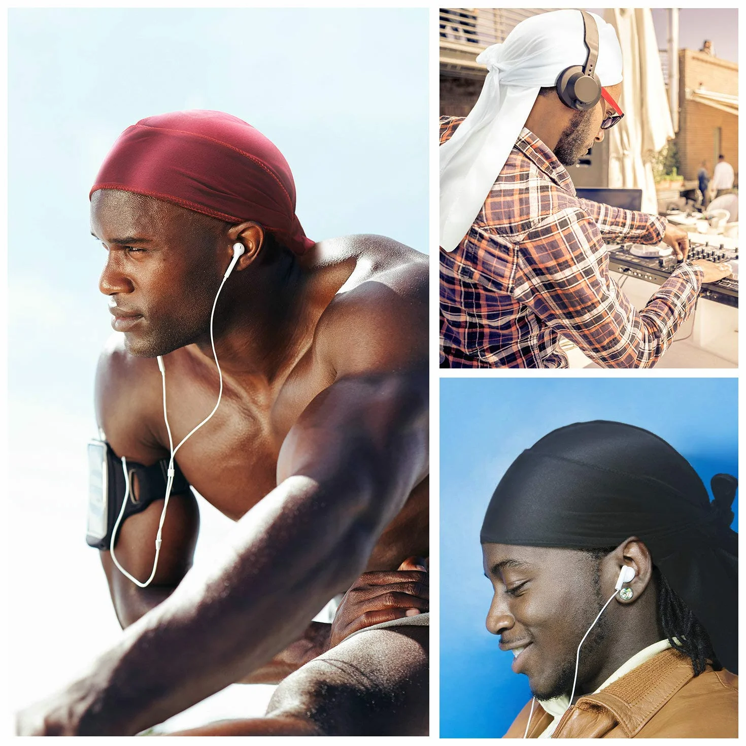 Hairizone 3 piezas de Durag Suave Sedoso Gorra para hombres Mujeres con capucha 1 Wave (negro, blanco, rojo vino)