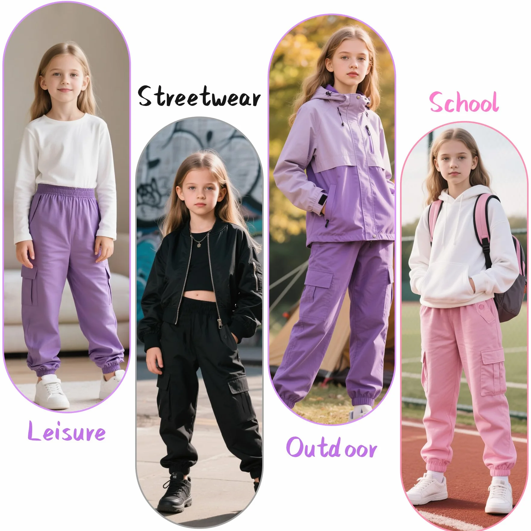 Pantalones Cargo Niñas Algodón Cintura Elástica Múltiples Bolsillos Joggers 6-13 Años