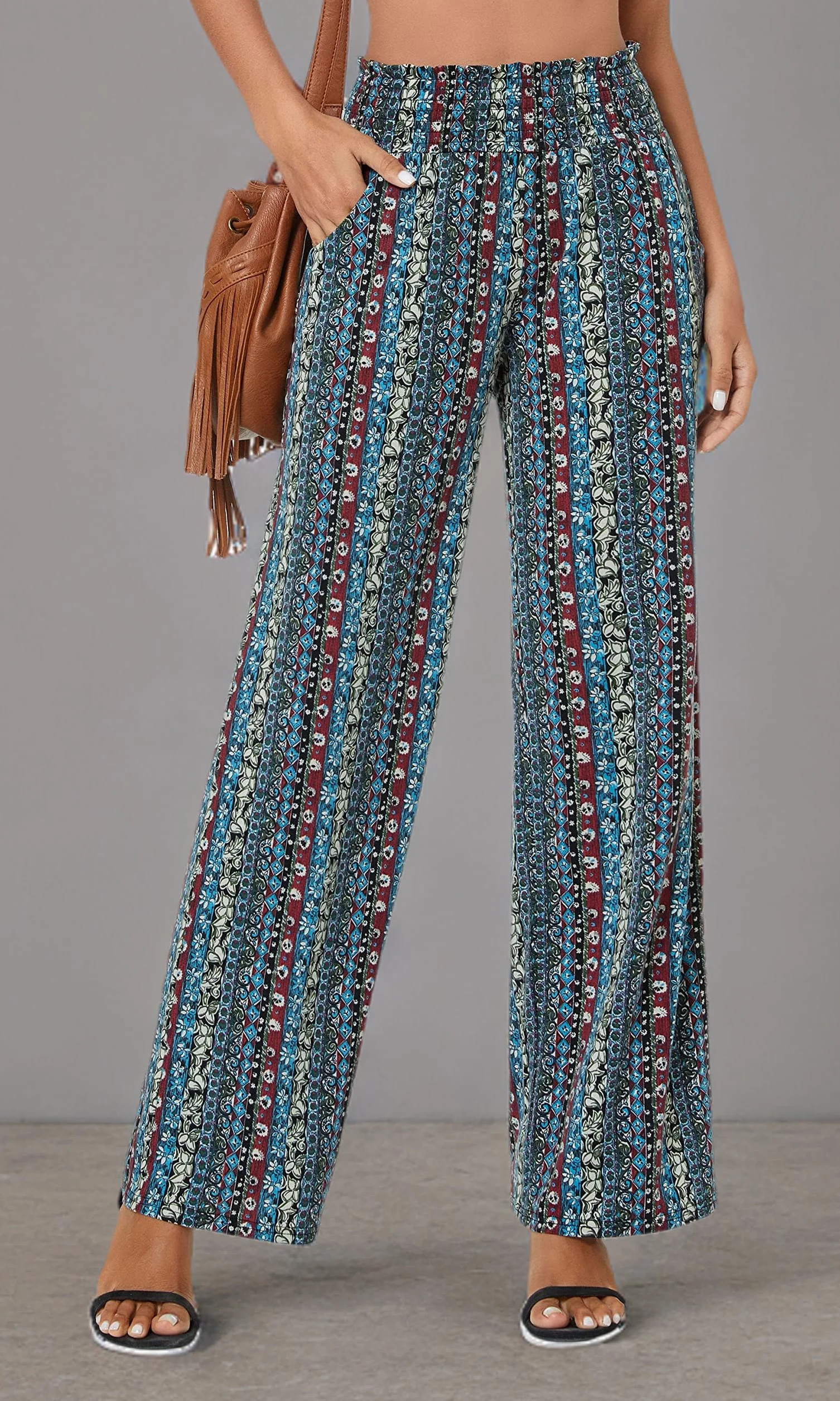 Casual Pierna Recta Boho Yoga Pantalones Cintura Elástica con Bolsillos