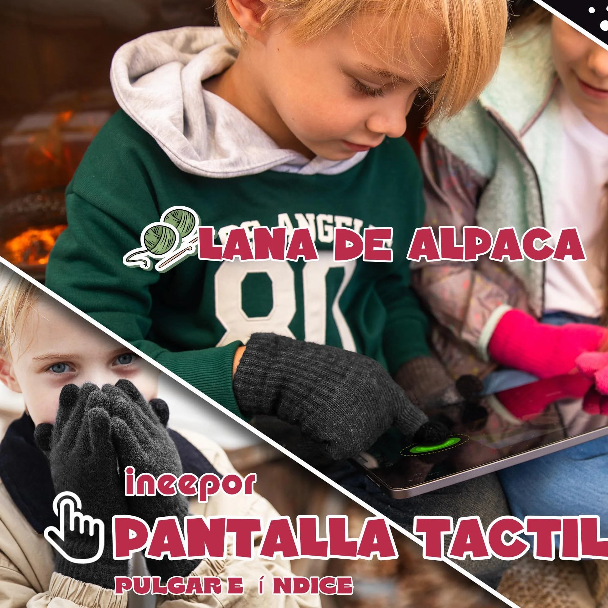 Guantes Termicos Niño Alpaca Forro Polar Invierno Doble Capa Cortaviento Punta Tactil 3-12 Anos