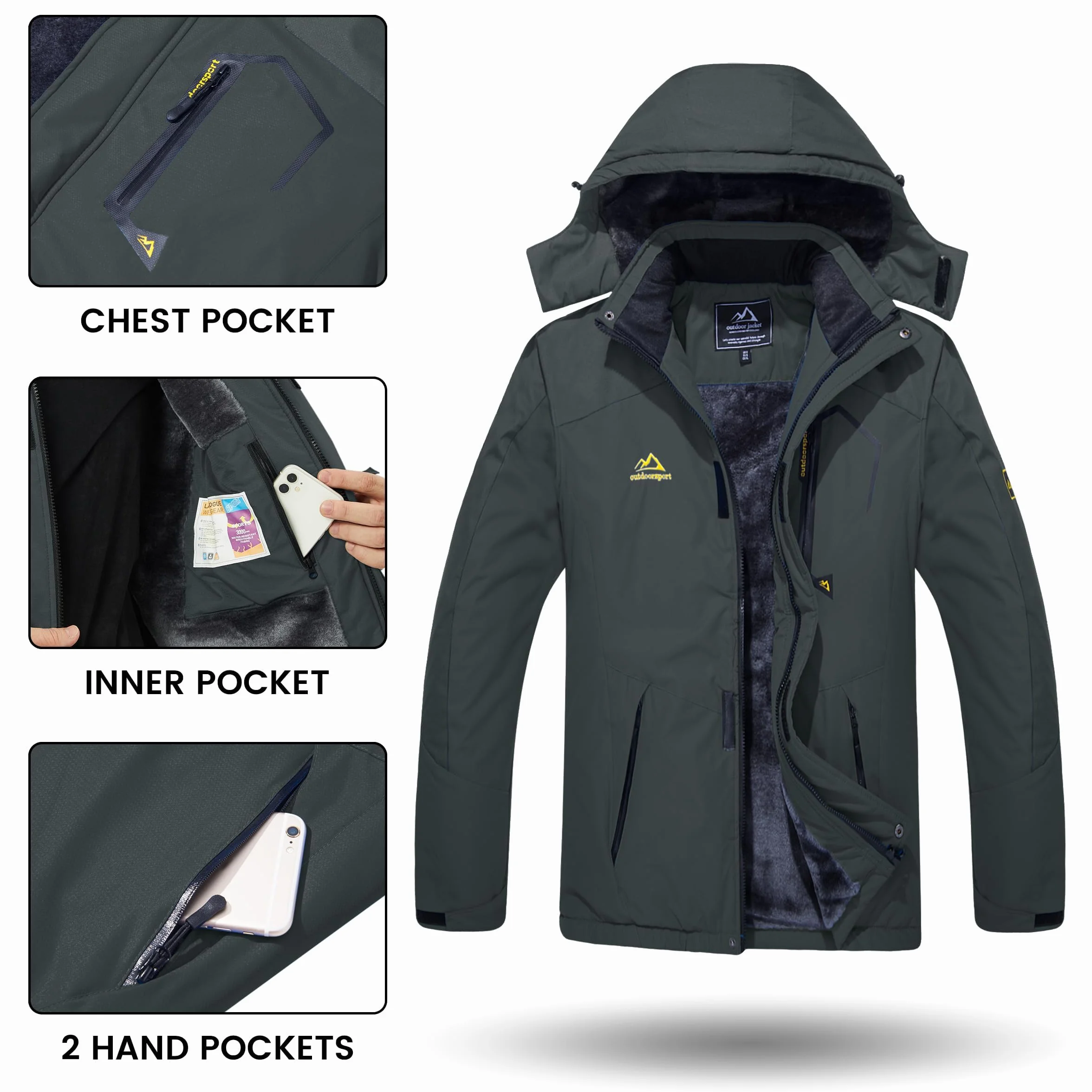 TACVASEN Impermeable Chaqueta de montaña vellón Hombres Esquí Caliente Multi-Bolsillos
