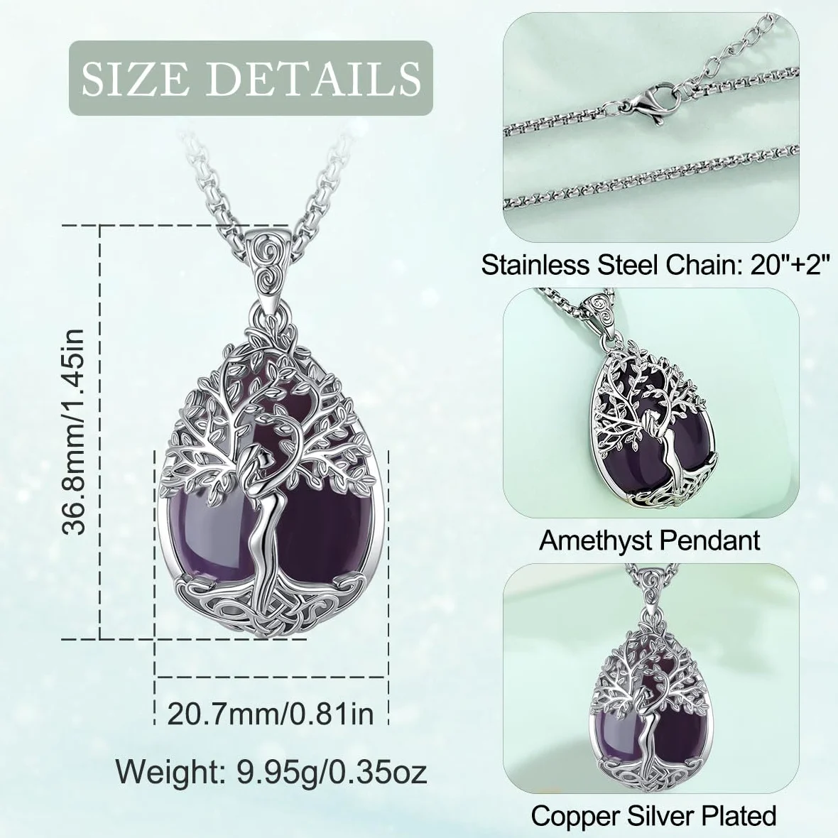 Collar Árbol de la vida con Obsidian Amatista Turquesa Malaquita Piedra de Luna para Mujer, Colgante de Cristal Curativo Joyería Original Regalo para Mujer Madre Mama, 20"+2"