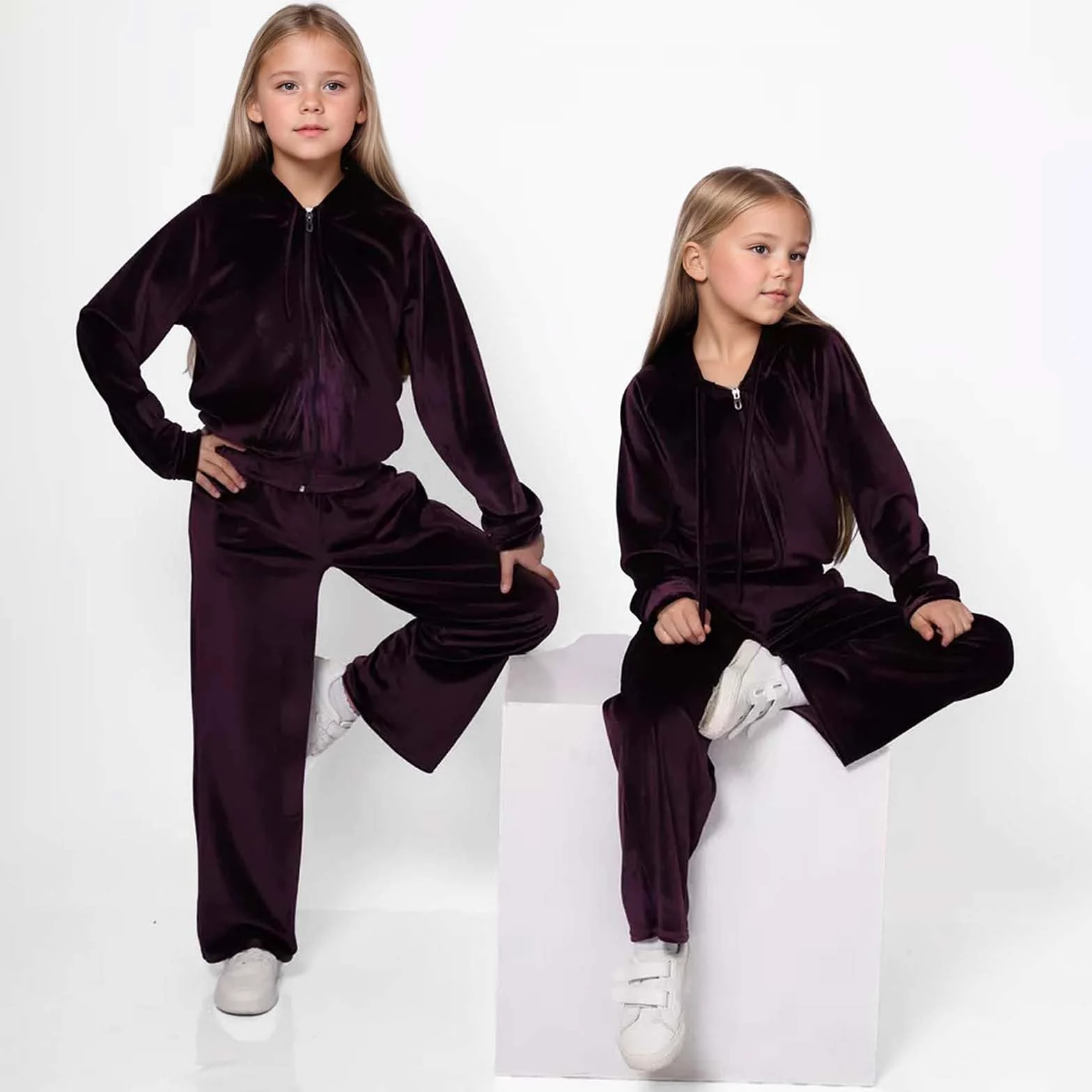 Genérico 2026 Chándal de terciopelo para niña, conjunto acogedor de otoño e invierno con sudadera con capucha y pantalones deportivos, ropa deportiva informal de dos piezas