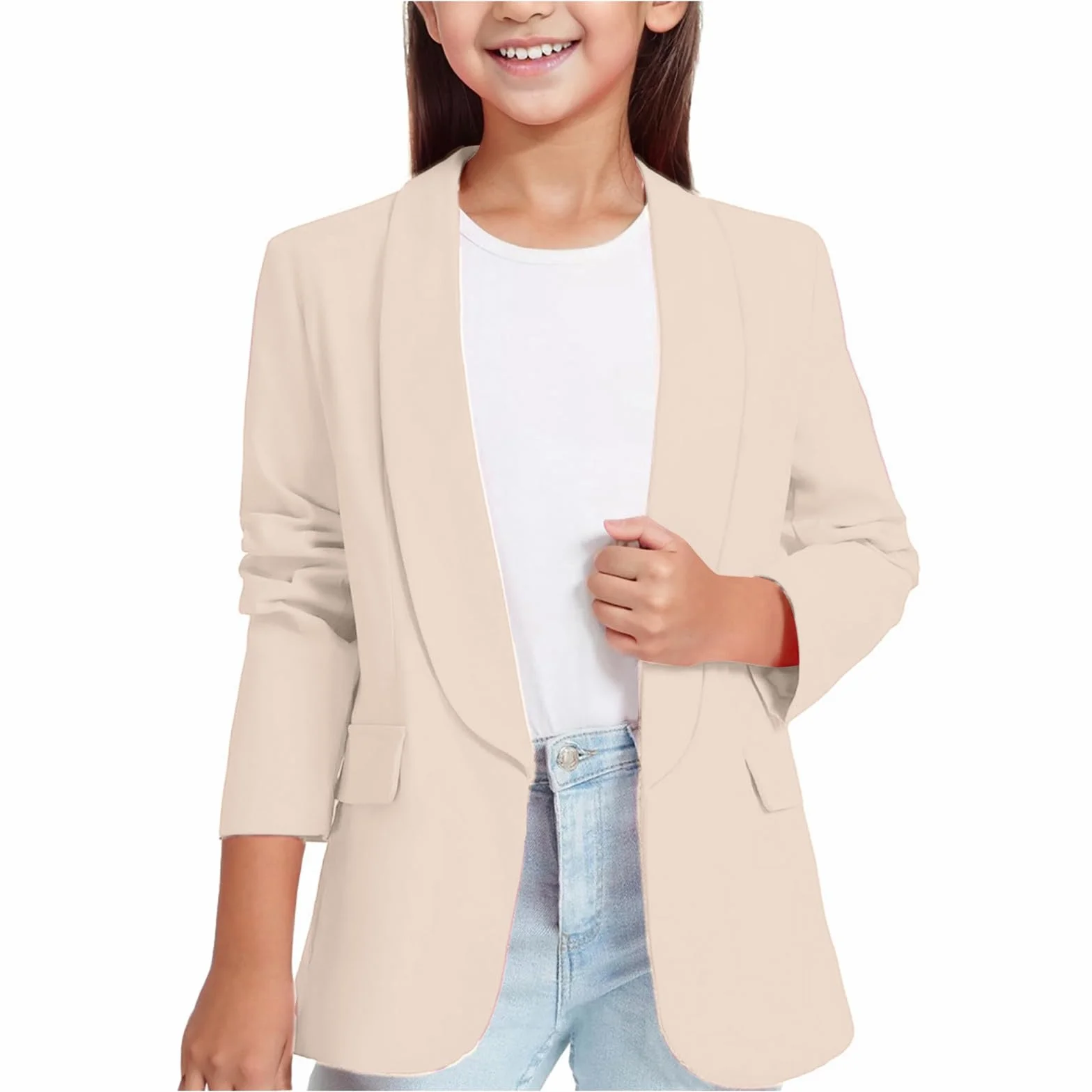 Chaqueta de traje para niña manga larga cuello solapa doble bolsillo lateral color liso moda abierta