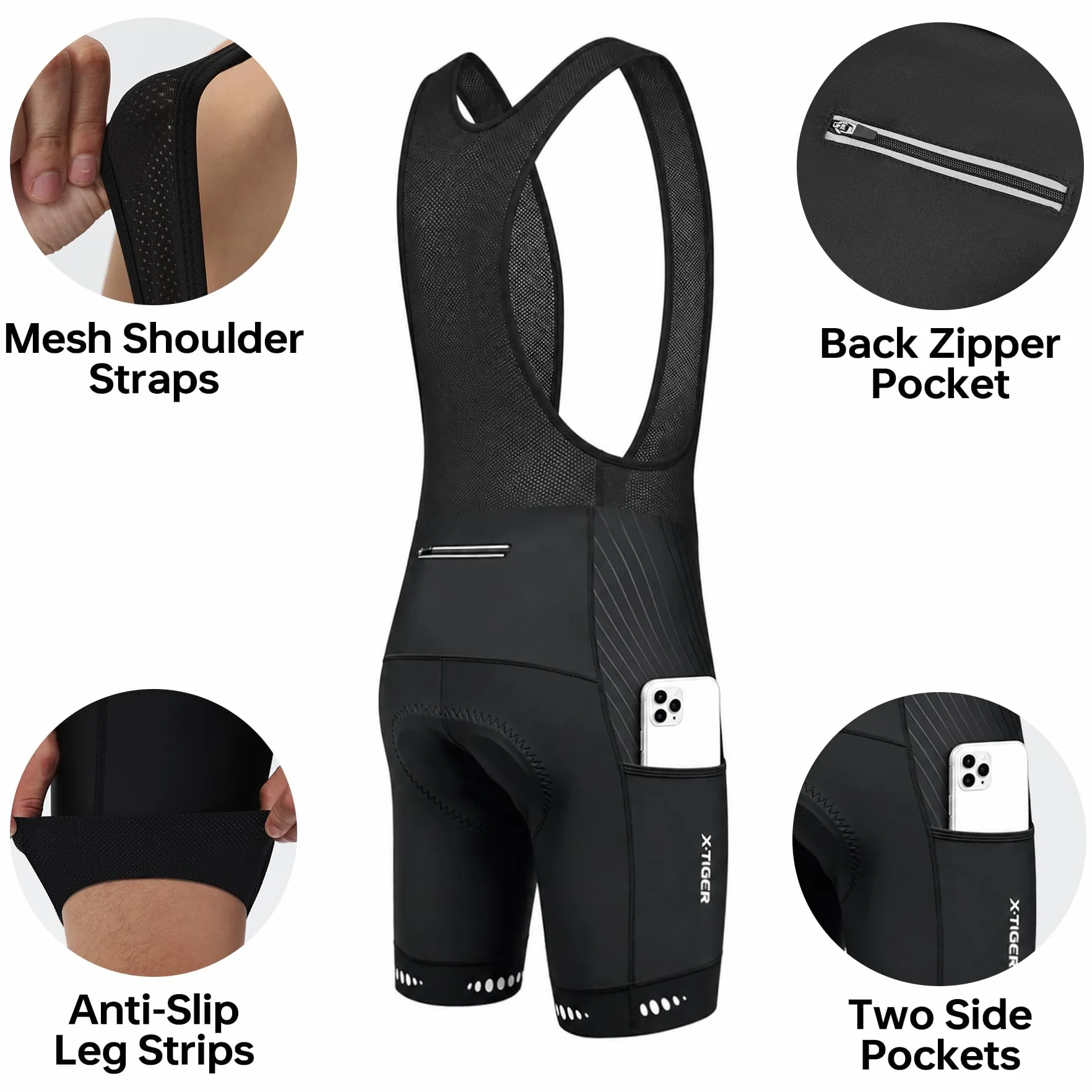 X-TIGER Culotte Ciclismo Bibs Shorts Hombre Almohadilla Gel 5D 3 Bolsillos Transpirable Secado rápido Ciclismo Montaña