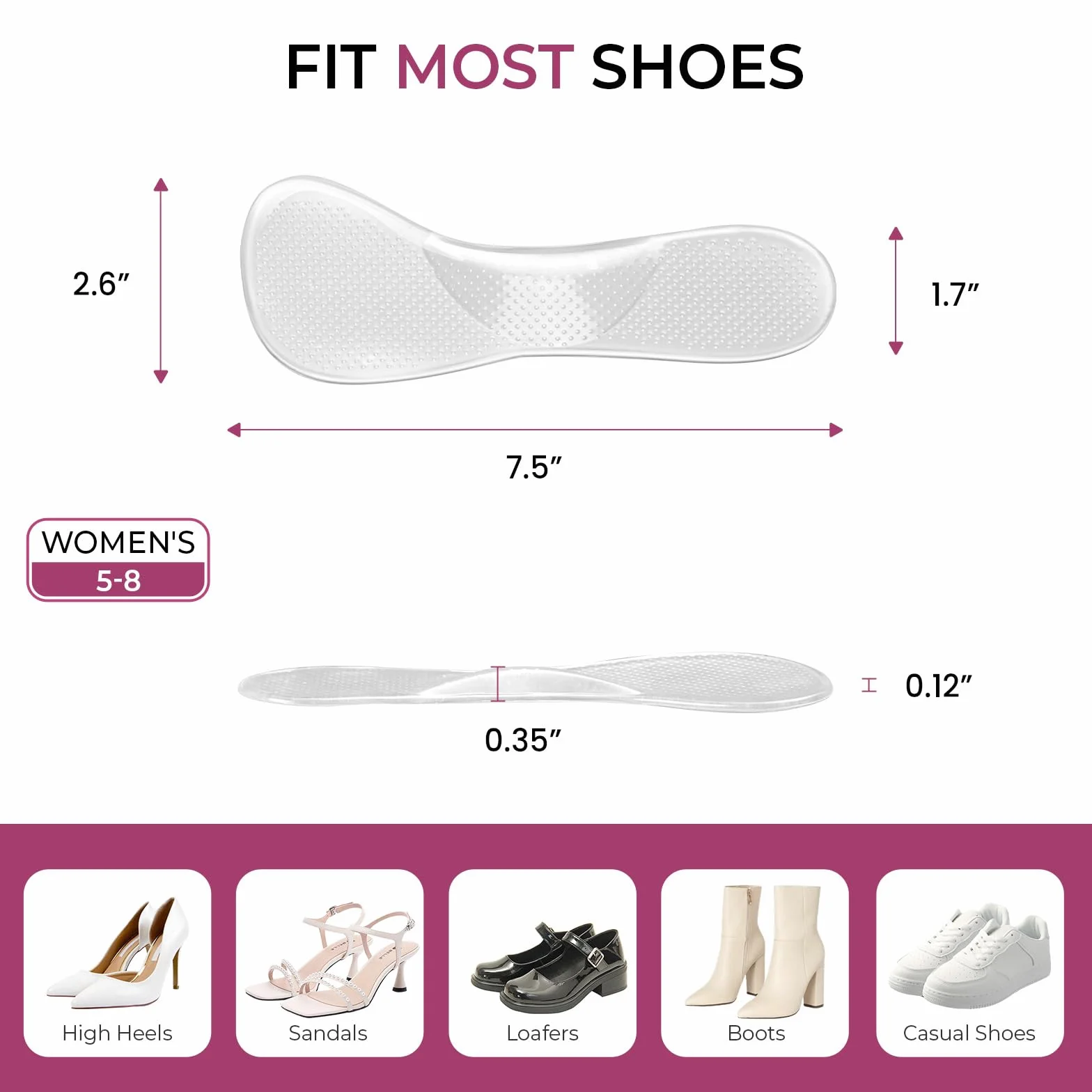 Welnove Plantillas gel Mujer 3/4 Almohadillas suaves para aliviar dolor fatiga 2 pares Sandalias tacón alto Pies planos Fascitis plantar